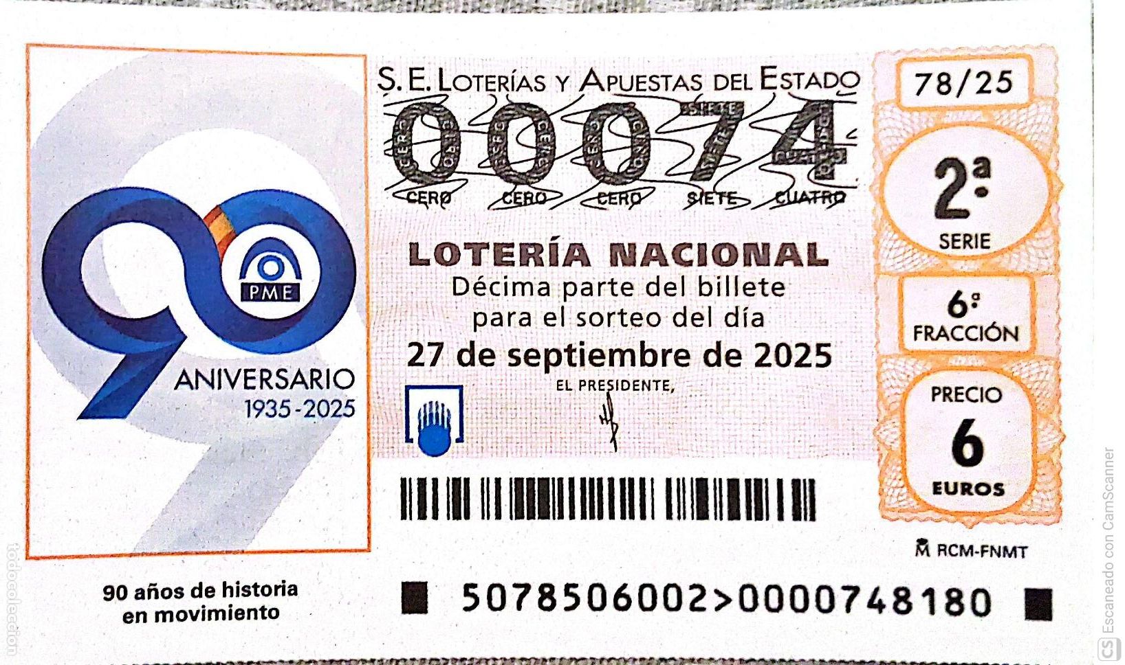 Loter&iacute;a Nacional: Espa&ntilde;a. Loter&iacute;a. 2025. Sorteo: 78 90 A&ntilde;os de historia en movimiento. Fecha: 27 septiembre.