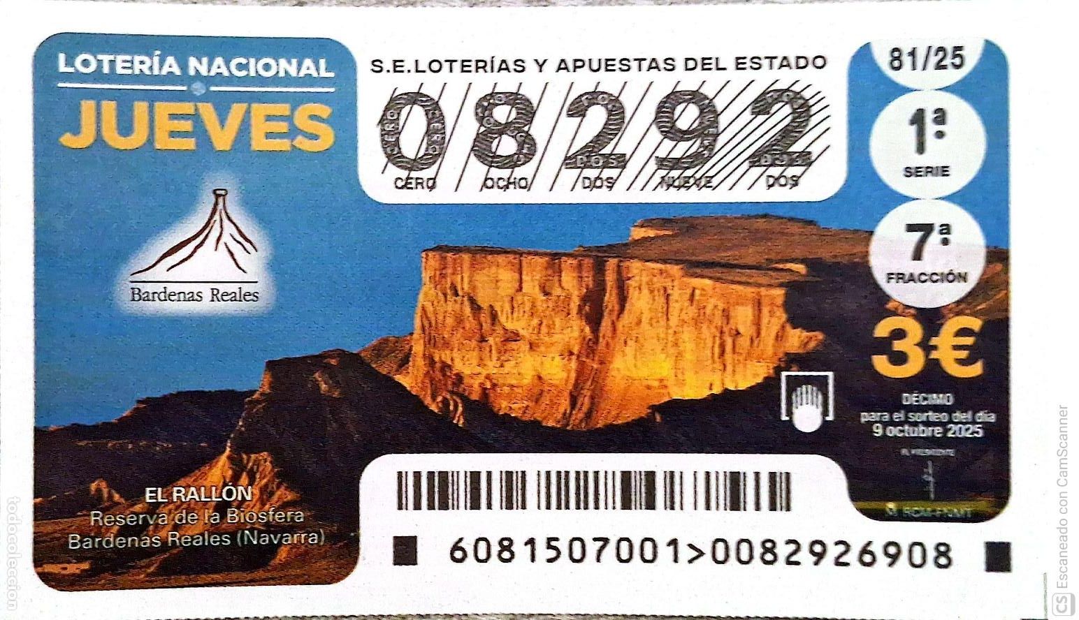 Loter&iacute;a Nacional: Espa&ntilde;a. Loter&iacute;a. 2025. Sorteo: 81 El Rallon. Reserva de la Biosfera. Bardenas Reales (Navarra). Fec