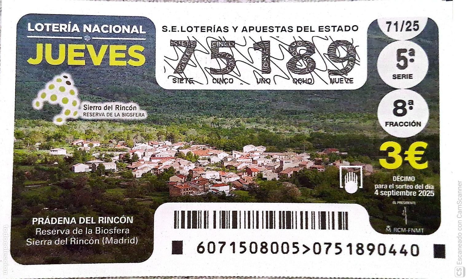 Loter&iacute;a Nacional: Espa&ntilde;a. Loter&iacute;a. 2025. Sorteo: 71 Pradera del Rinc&oacute;n. Reserva de la Biosfera. Sierra del Rinc&oacute;n (Ma