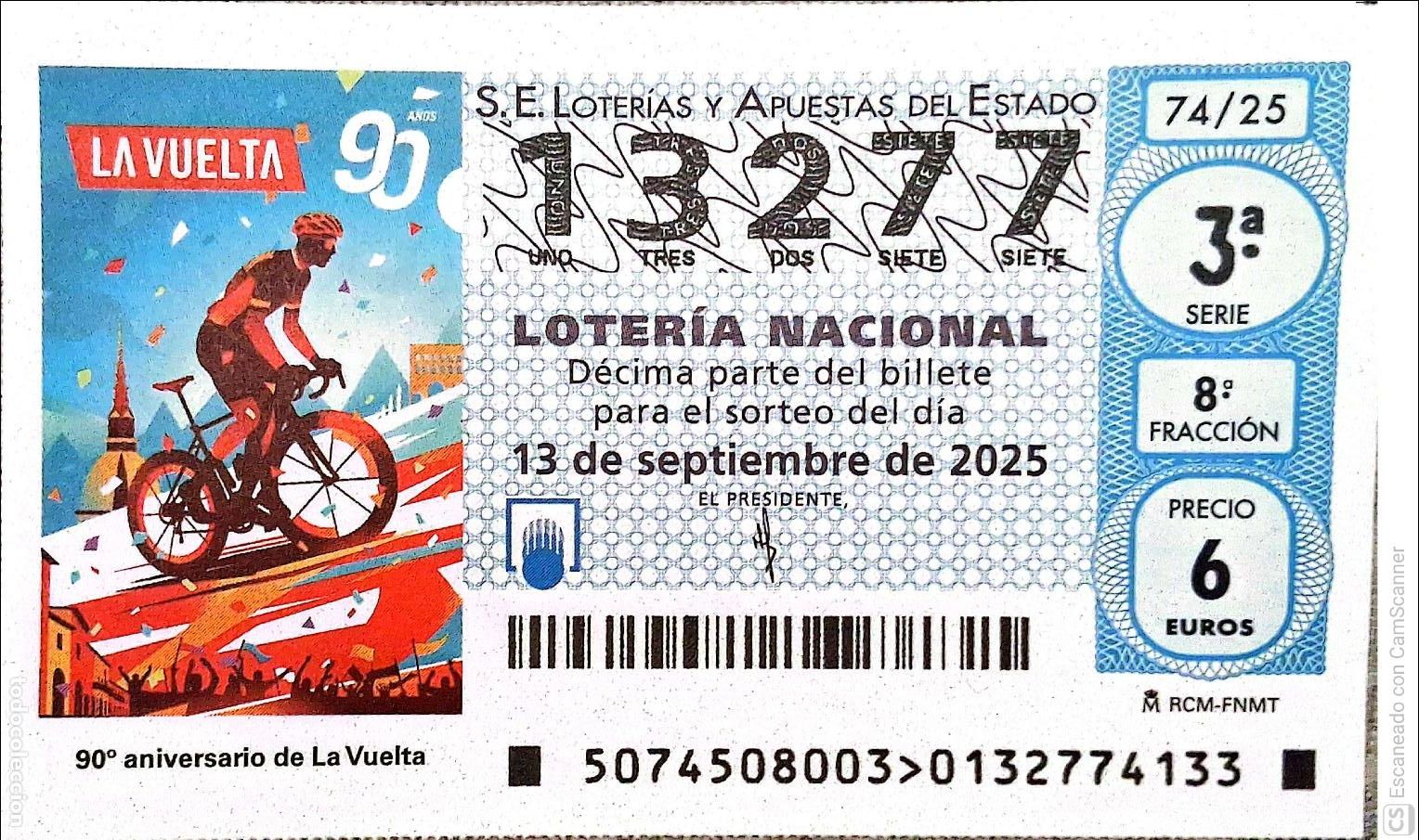 Loter&iacute;a Nacional: Espa&ntilde;a. Loter&iacute;a. 2025. Sorteo: 74 90 Aniversario de la Vuelta. Fecha: 13 septiembre.
