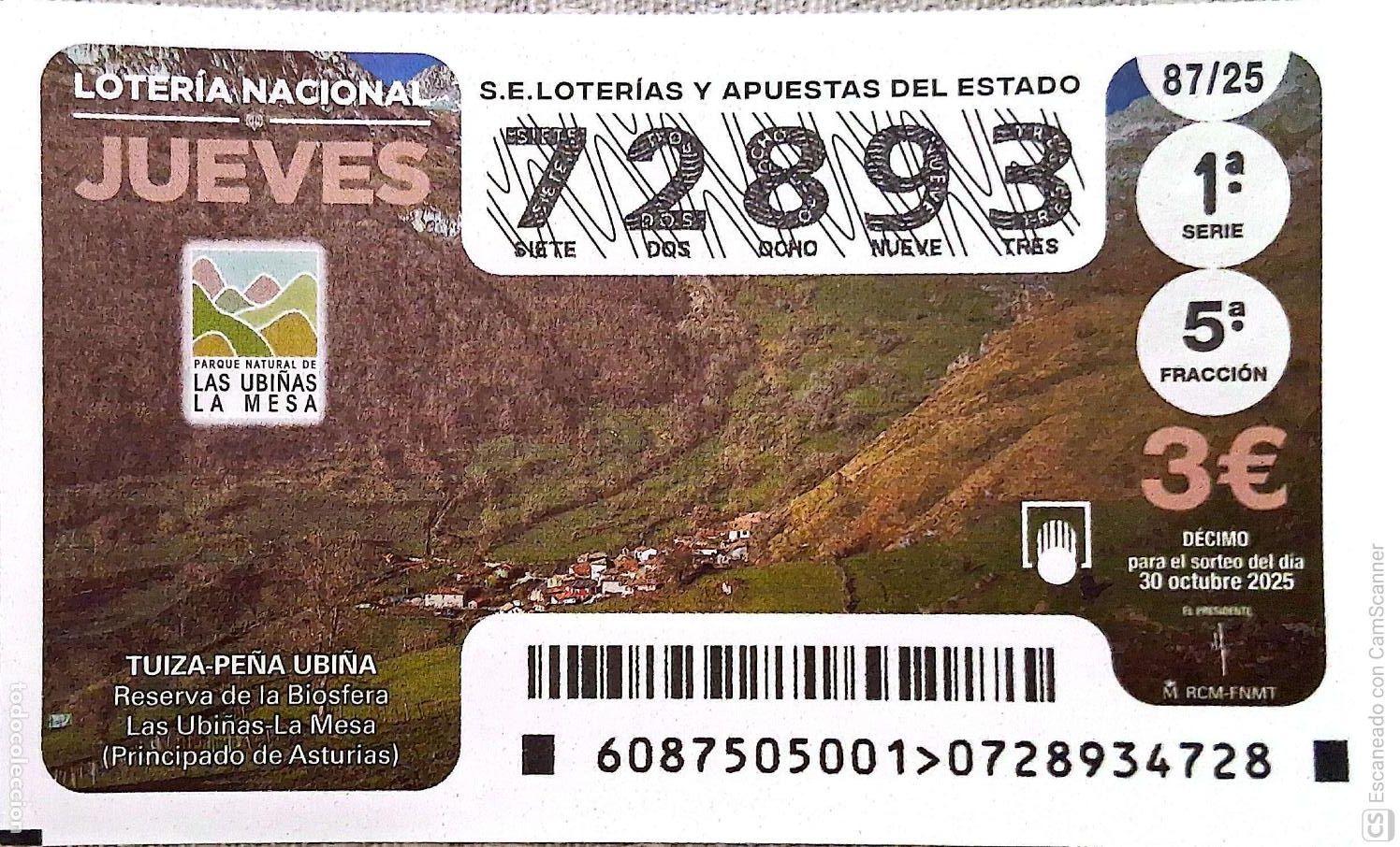 Loterie Nationale: Espa&ntilde;a. Loter&iacute;a. 2025. Sorteo: 87 Tuiza-Pe&ntilde;a Ubi&ntilde;a. Reserva de la Biosfera. Las Ubi&ntilde;as-La Mesa (Pri