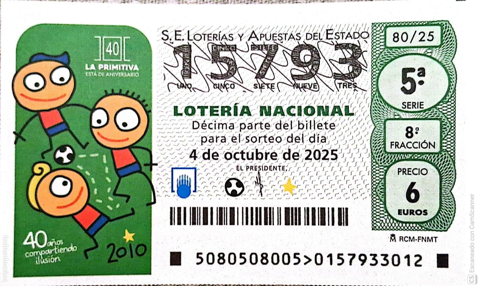 Nationale spanische Lotterie: Espa&ntilde;a. Loter&iacute;a. 2025. Sorteo: 80 40 A&ntilde;os compartiendo ilusi&oacute;n. Fecha: 4 octubre.