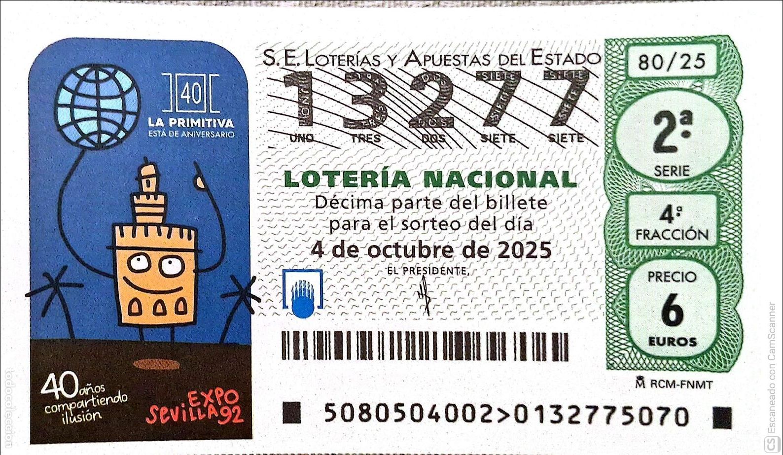 Nationale spanische Lotterie: Espa&ntilde;a. Loter&iacute;a. 2025. Sorteo: 80 40 A&ntilde;os compartiendo ilusi&oacute;n. Fecha: 4 octubre.