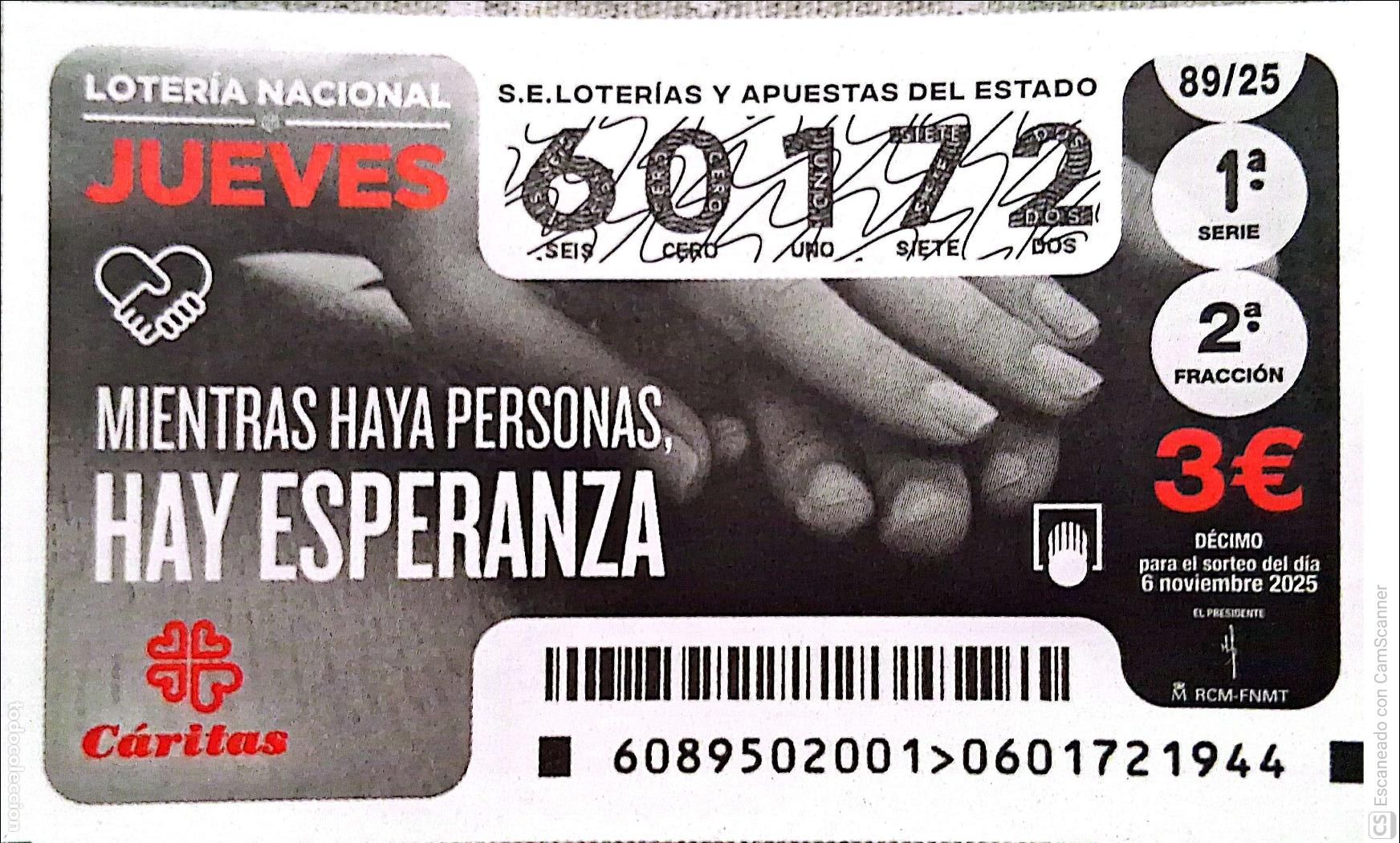 Nationale spanische Lotterie: Espa&ntilde;a. Loter&iacute;a. 2025. Sorteo: 89 C&aacute;ritas. Mientras haya personas, hay esperanza. Fecha: 6 noviembr