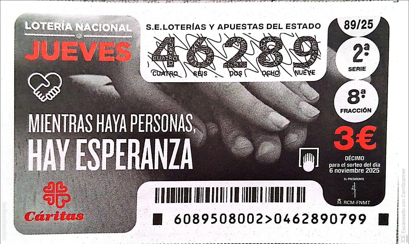 Nationale spanische Lotterie: Espa&ntilde;a. Loter&iacute;a. 2025. Sorteo: 89 C&aacute;ritas. Mientras haya personas, hay esperanza. Fecha: 6 noviembr