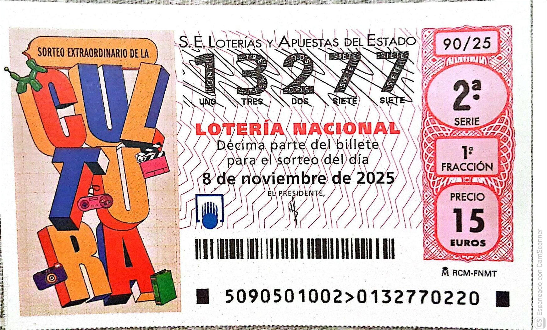 Nationale spanische Lotterie: Espa&ntilde;a. Loter&iacute;a. 2025. Sorteo: 90 Sorteo Extraordinario de la Cultura. Fecha: 8 noviembre.