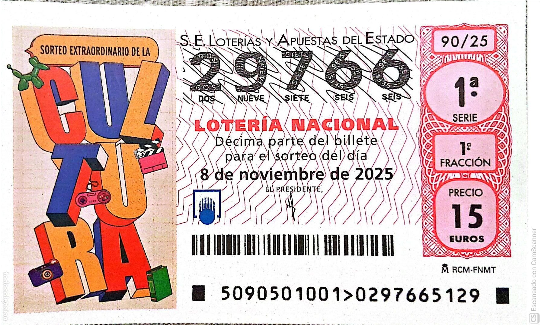 Nationale spanische Lotterie: Espa&ntilde;a. Loter&iacute;a. 2025. Sorteo: 90 Sorteo Extraordinario de la Cultura. Fecha: 8 noviembre.