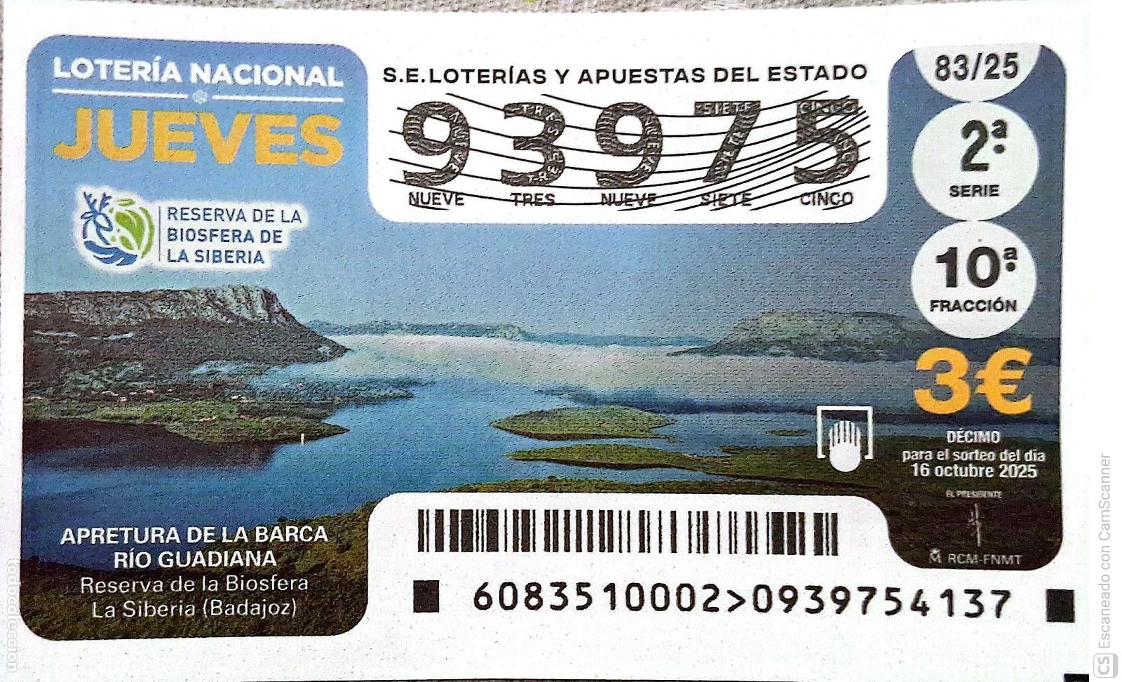 Nationale spanische Lotterie: Espa&ntilde;a. Loter&iacute;a. 2025. Sorteo: 83 Apretura de la Barca. R&iacute;o Guadiana. Reserva de la Biosfera. La Si