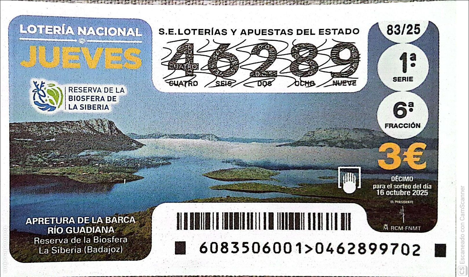 Nationale spanische Lotterie: Espa&ntilde;a. Loter&iacute;a. 2025. Sorteo: 83 Apretura de la Barca. R&iacute;o Guadiana. Reserva de la Biosfera. La Si