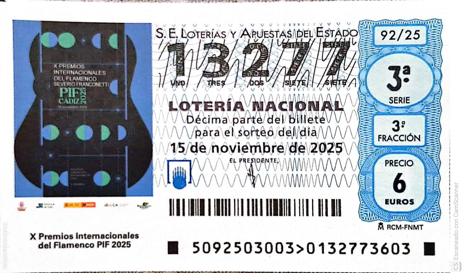 Nationale spanische Lotterie: Espa&ntilde;a. Loter&iacute;a. 2025. Sorteo: 92 X Premios Internacionales del Flamenco PIF 2025. Fecha: 15 noviem