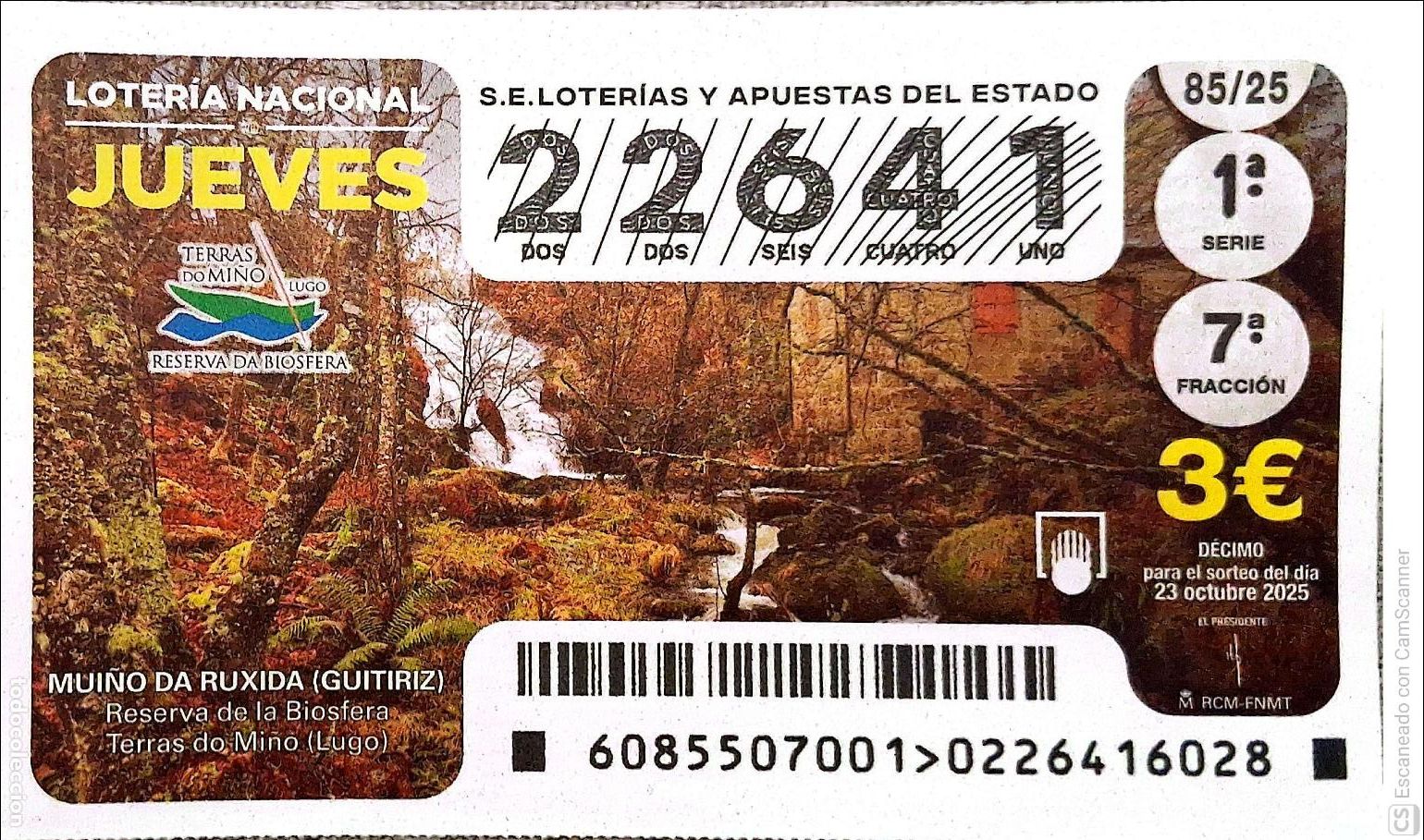 Loter&iacute;a Nacional: Espa&ntilde;a. Loter&iacute;a. 2025. Sorteo: 85 Muino da Ruxida (Guitriz). Reserva de la Biosfera. Terras do Mi&ntilde;o