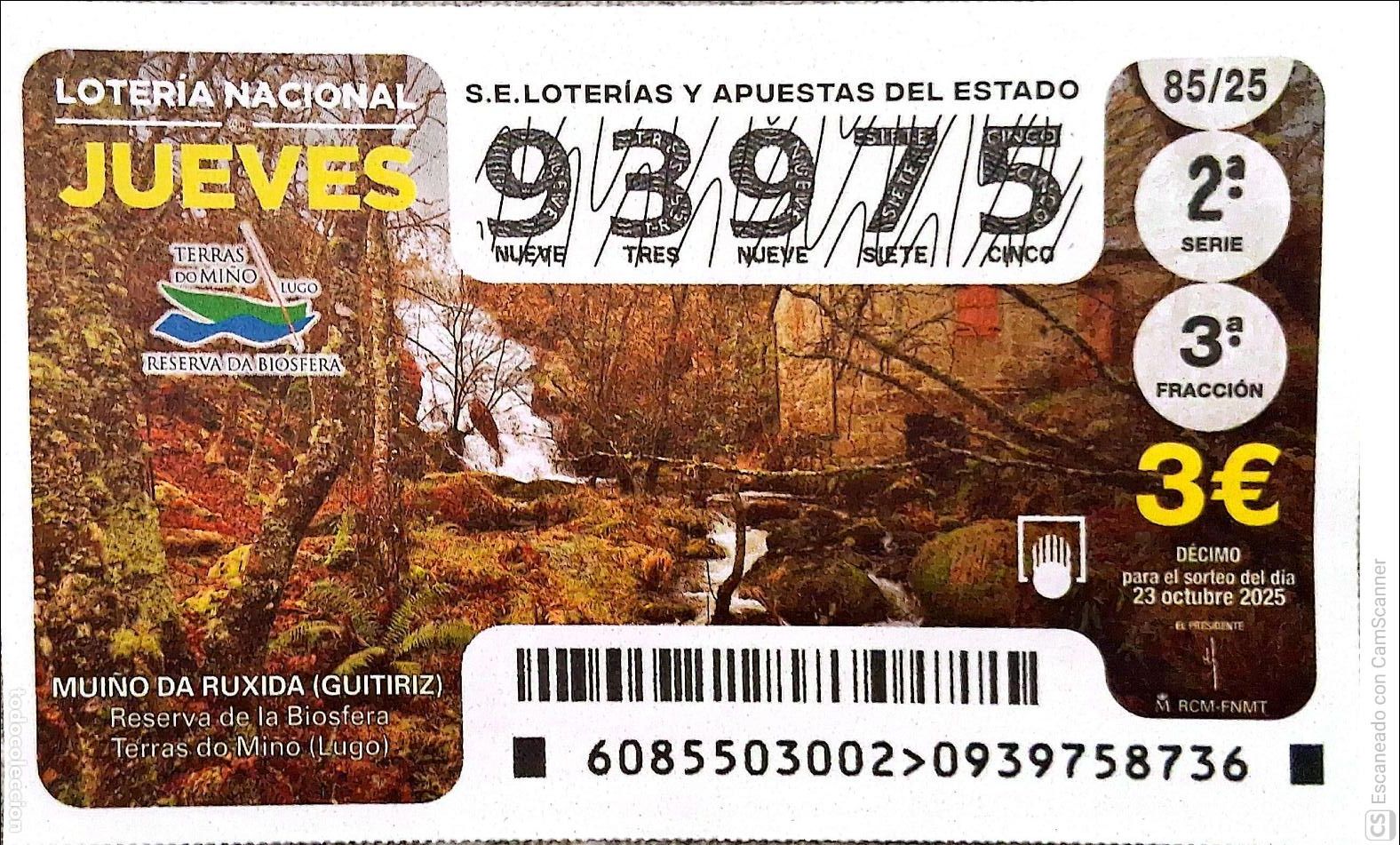 Loter&iacute;a Nacional: Espa&ntilde;a. Loter&iacute;a. 2025. Sorteo: 85 Muino da Ruxida (Guitriz). Reserva de la Biosfera. Terras do Mi&ntilde;o