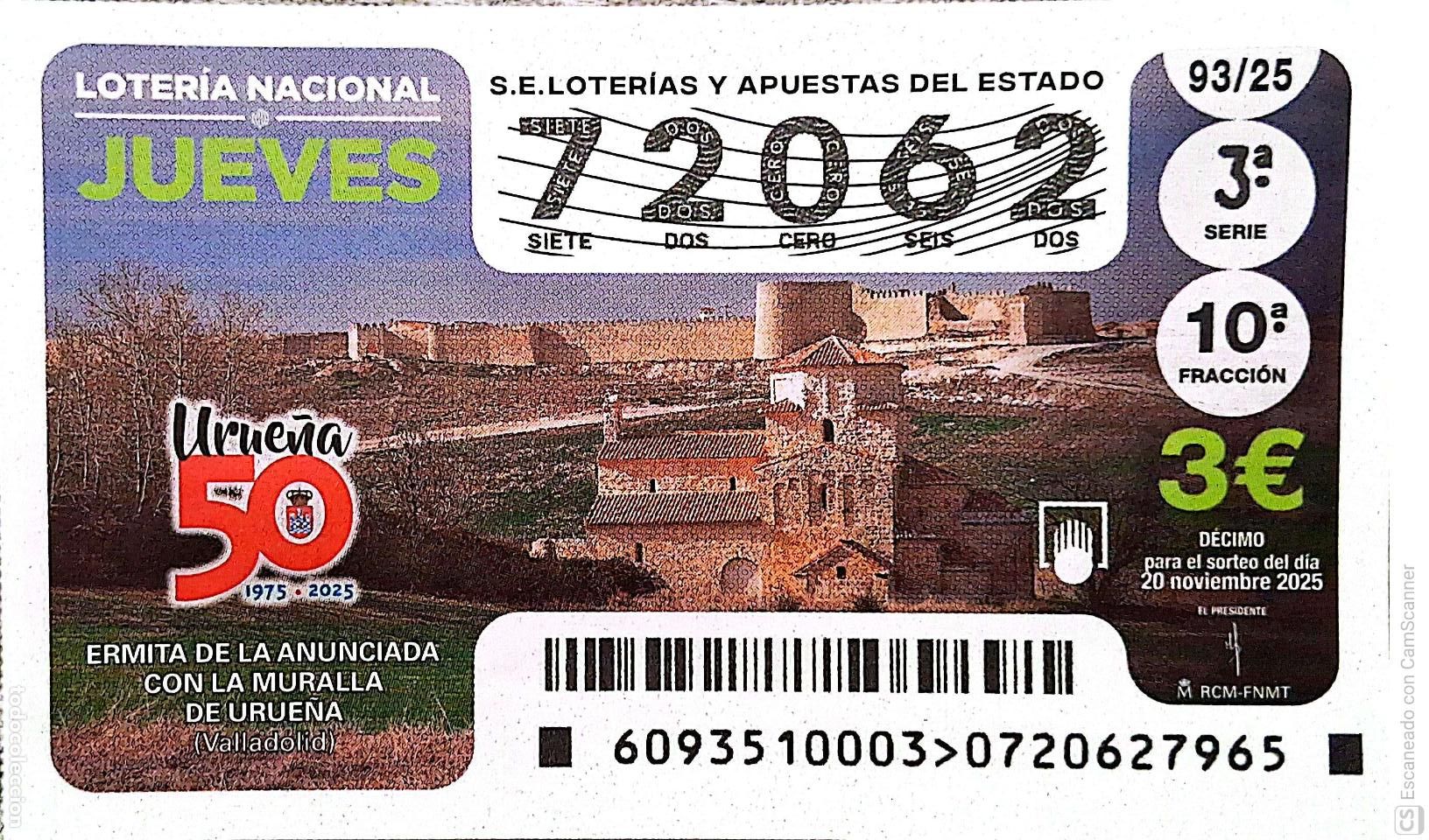 Loter&iacute;a Nacional: Espa&ntilde;a. Loter&iacute;a. 2025. Sorteo: 93 Ermita de la Anunciada. Con la Muralla de Urue&ntilde;a (Valladolid). Fe