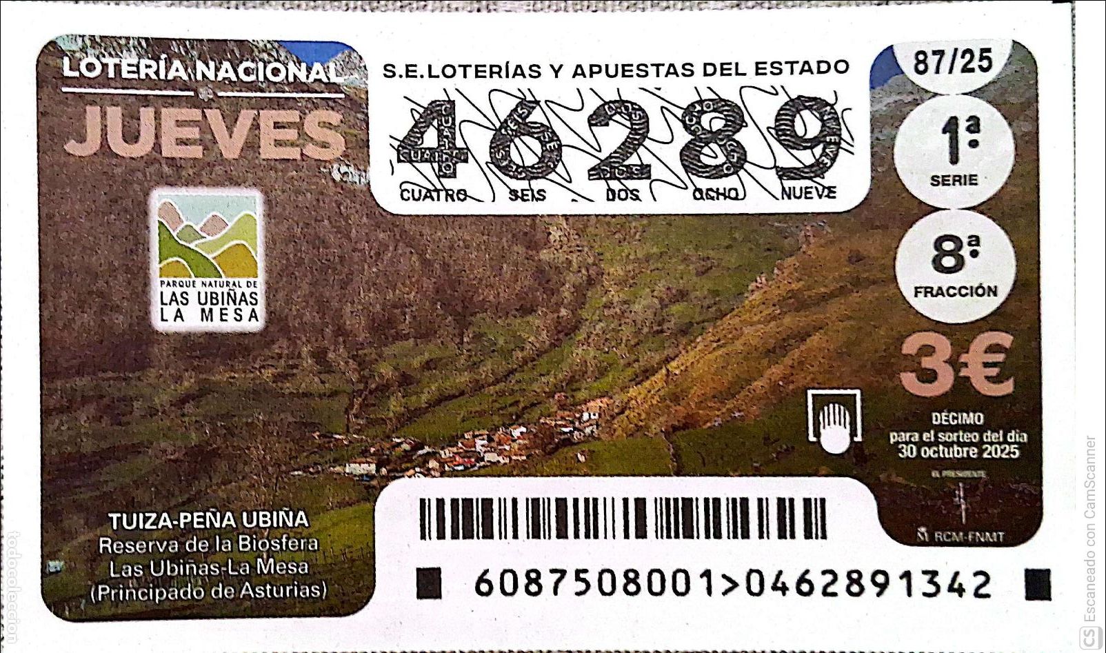 Loter&iacute;a Nacional: Espa&ntilde;a. Loter&iacute;a. 2025. Sorteo: 87 Tuiza-Pe&ntilde;a Ubi&ntilde;a. Reserva de la Biosfera. Las Ubi&ntilde;as-La Mesa (Pri