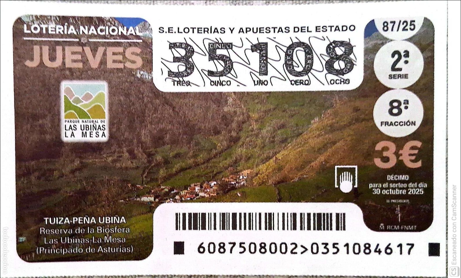 Loter&iacute;a Nacional: Espa&ntilde;a. Loter&iacute;a. 2025. Sorteo: 87 Tuiza-Pe&ntilde;a Ubi&ntilde;a. Reserva de la Biosfera. Las Ubi&ntilde;as-La Mesa (Pri