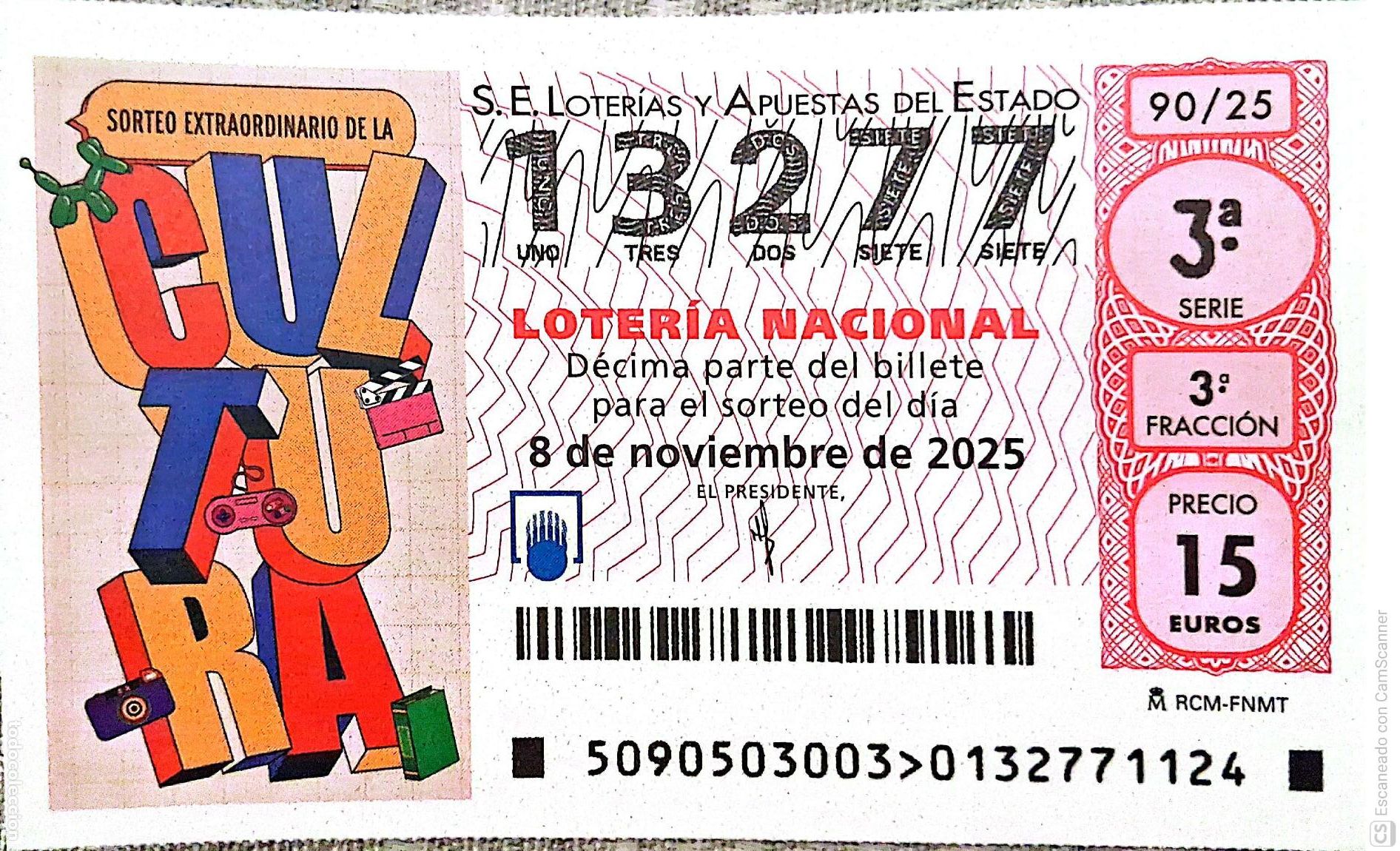 Loter&iacute;a Nacional: Espa&ntilde;a. Loter&iacute;a. 2025. Sorteo: 90 Sorteo Extraordinario de la Cultura. Fecha: 8 noviembre.