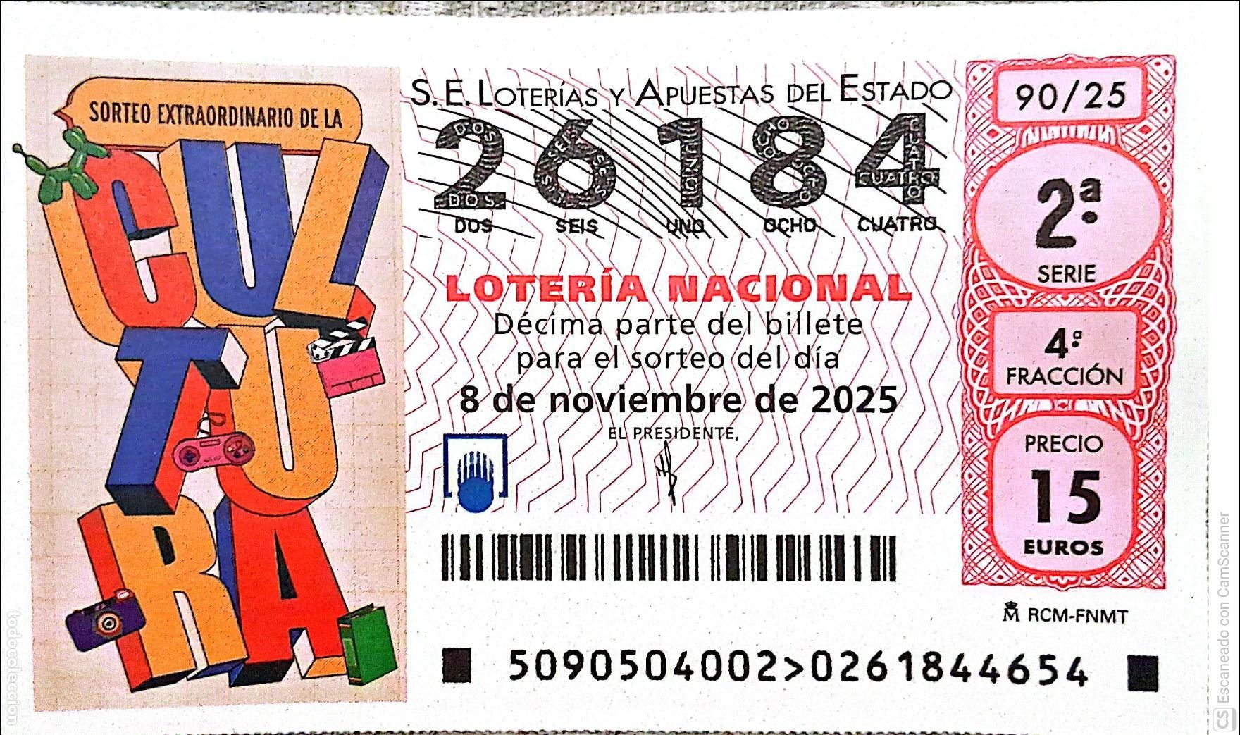 Loter&iacute;a Nacional: Espa&ntilde;a. Loter&iacute;a. 2025. Sorteo: 90 Sorteo Extraordinario de la Cultura. Fecha: 8 noviembre.