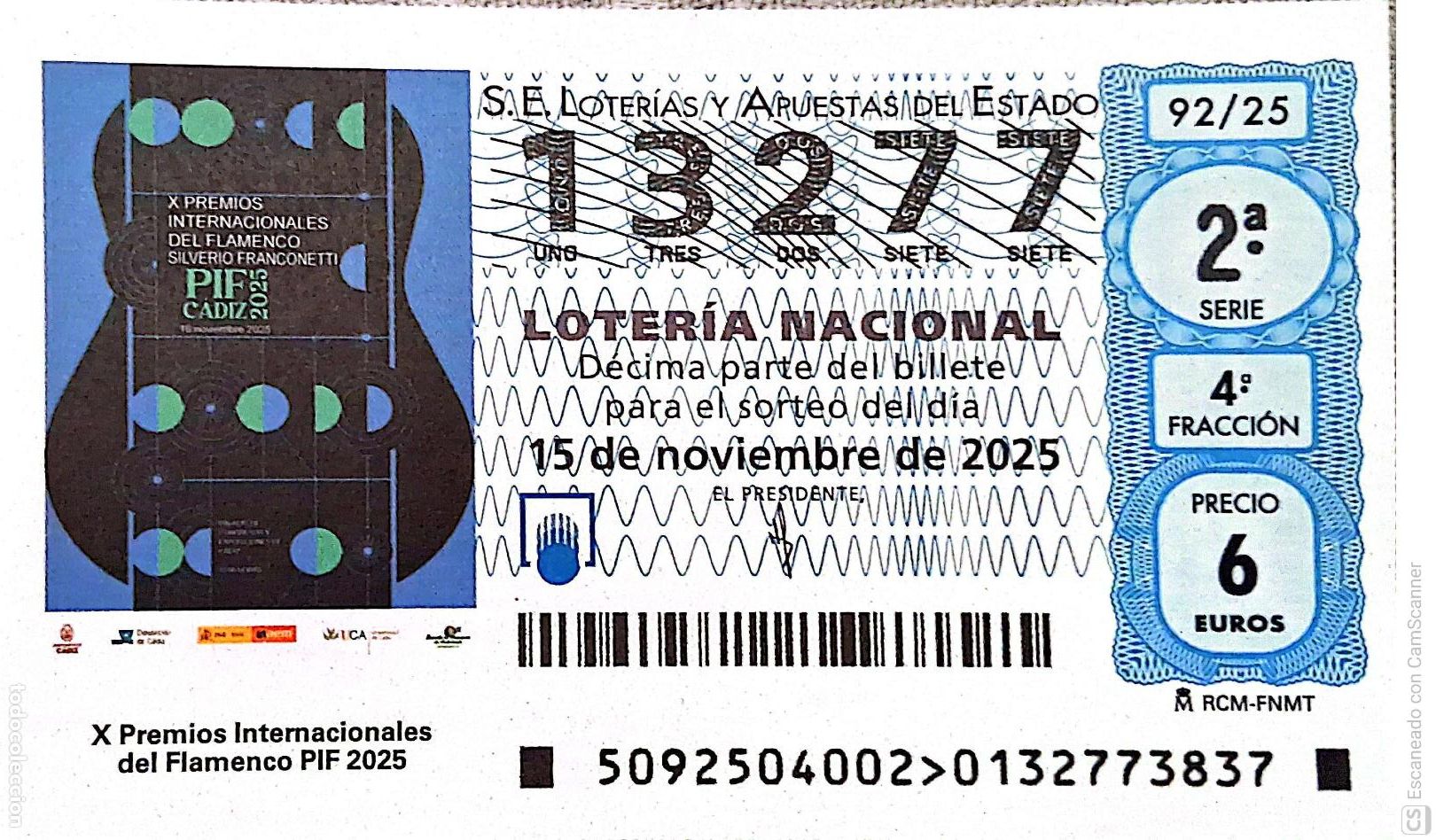 Loter&iacute;a Nacional: Espa&ntilde;a. Loter&iacute;a. 2025. Sorteo: 92 X Premios Internacionales del Flamenco PIF 2025. Fecha: 15 noviem