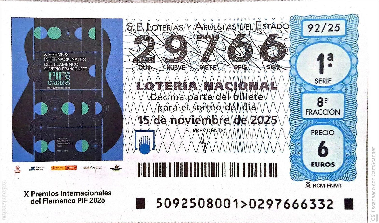 Loter&iacute;a Nacional: Espa&ntilde;a. Loter&iacute;a. 2025. Sorteo: 92 X Premios Internacionales del Flamenco PIF 2025. Fecha: 15 noviem