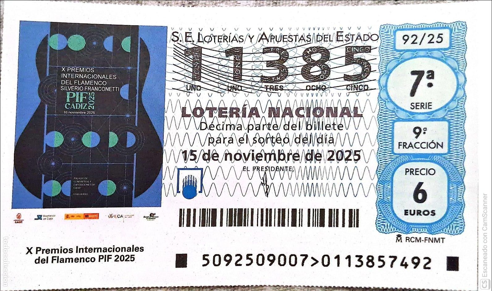 Loter&iacute;a Nacional: Espa&ntilde;a. Loter&iacute;a. 2025. Sorteo: 92 X Premios Internacionales del Flamenco PIF 2025. Fecha: 15 noviem