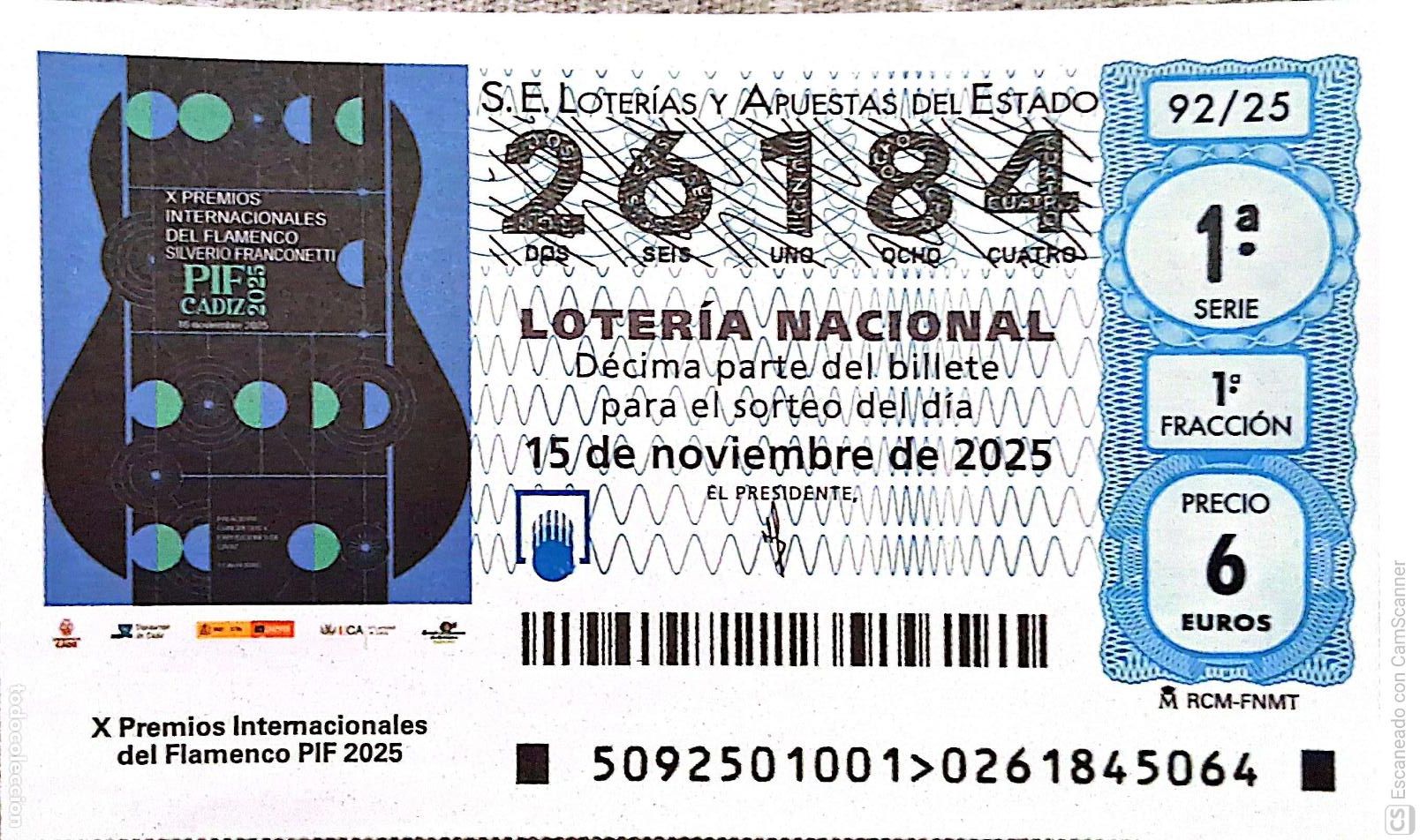 Loter&iacute;a Nacional: Espa&ntilde;a. Loter&iacute;a. 2025. Sorteo: 92 X Premios Internacionales del Flamenco PIF 2025. Fecha: 15 noviem