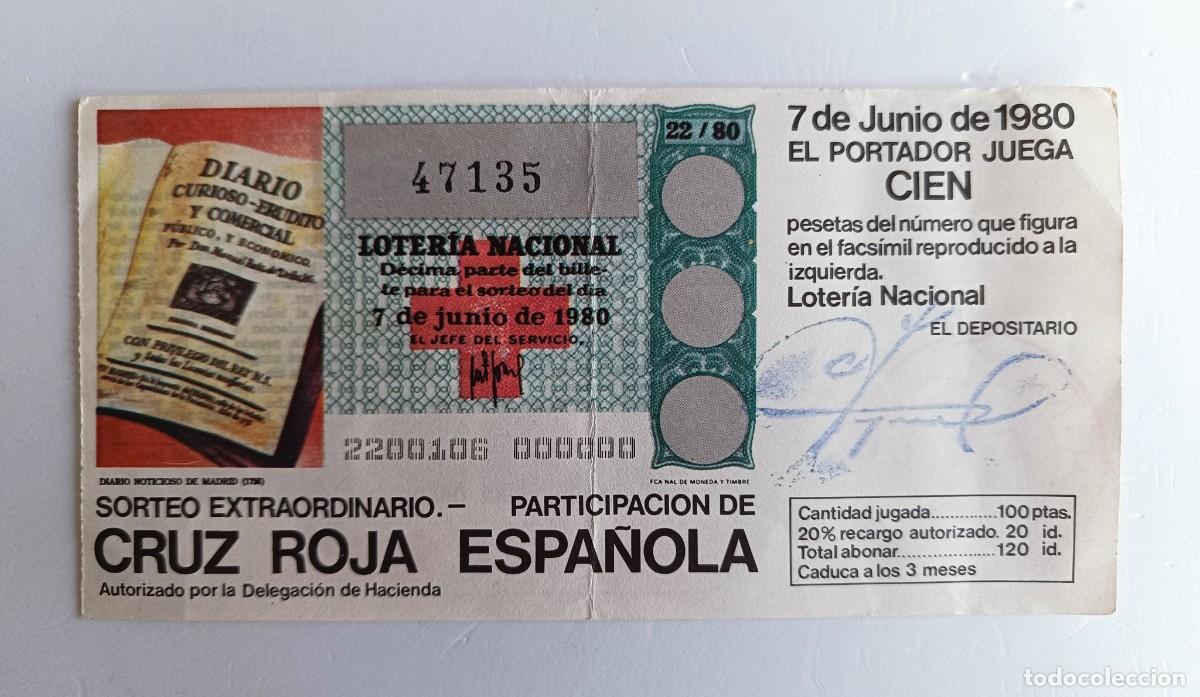 Loter&iacute;a Nacional: LOTERIA NACIONAL - SORTEO EXTRAORDINARIO CRUZ ROJA ESPA&Ntilde;OLA - 7 JUNIO DE 1980 - ASAMBLEA LOCAL REUS