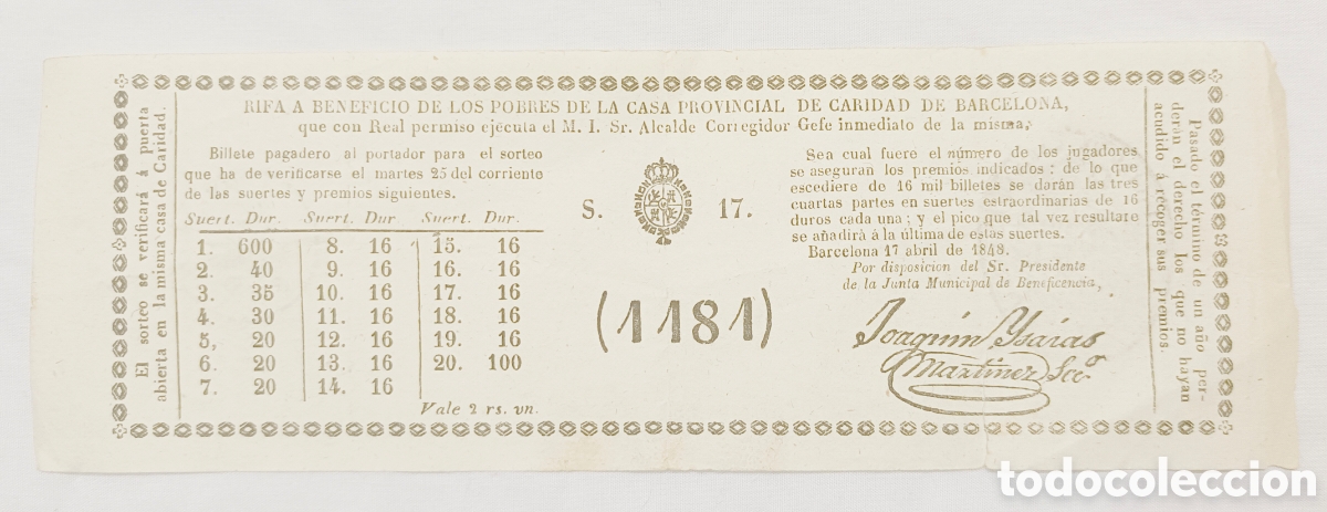Loter&iacute;a Nacional: RIFA A BENEFICIO DE LOS POBRES DE LA CASA PROVINCIAL DE CARIDAD DE BARCELONA - A&Ntilde;O 1848 -20 X 6.50CM