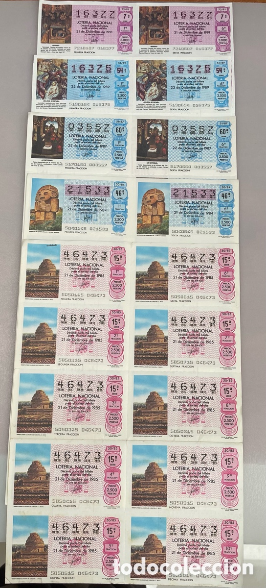 Loter&iacute;a Nacional: Lote 50 D&eacute;cimos Loter&iacute;a Navidad 1984-1991 Series Completas (5 Hojas)