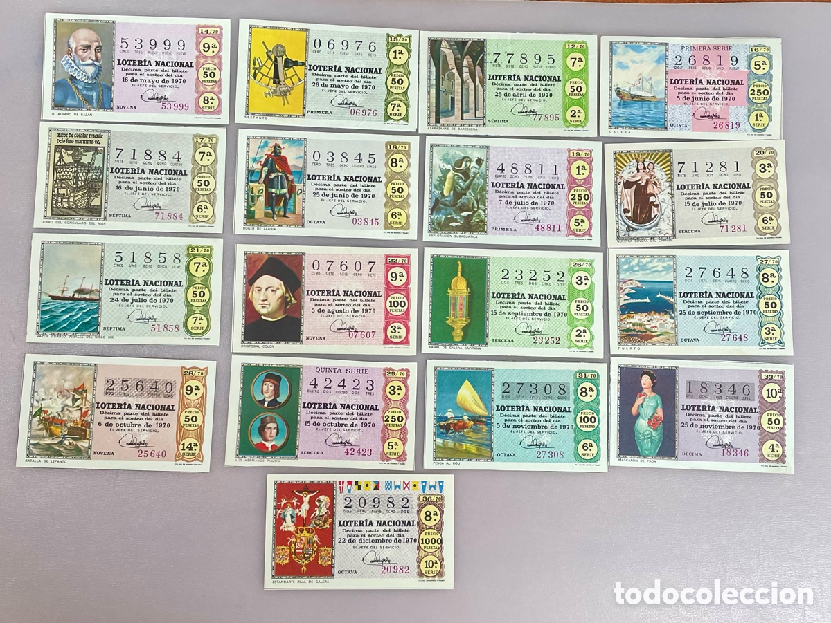 Loter&iacute;a Nacional: Lote Loter&iacute;a Nacional 1970 &ndash; 17 d&eacute;cimos antiguos completos con reverso