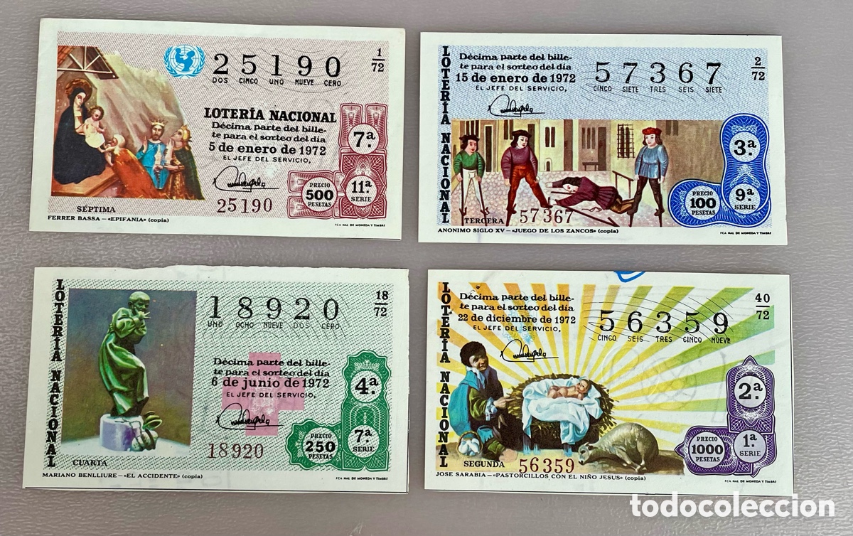 Loter&iacute;a Nacional: Lote 4 d&eacute;cimos Loter&iacute;a Nacional 1972 &ndash; originales con sellos