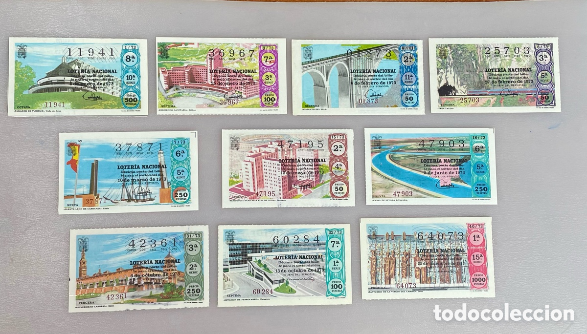 Loter&iacute;a Nacional: Lote 10 d&eacute;cimos Loter&iacute;a Nacional 1973 &ndash; originales con sellos, distintos sorteos