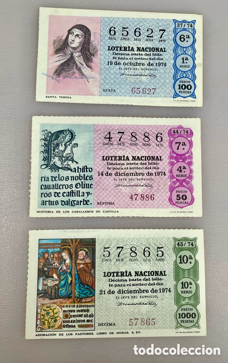 Loter&iacute;a Nacional: Lote 3 d&eacute;cimos Loter&iacute;a Nacional 1974 &ndash; Navidad incluida, originales con sellos