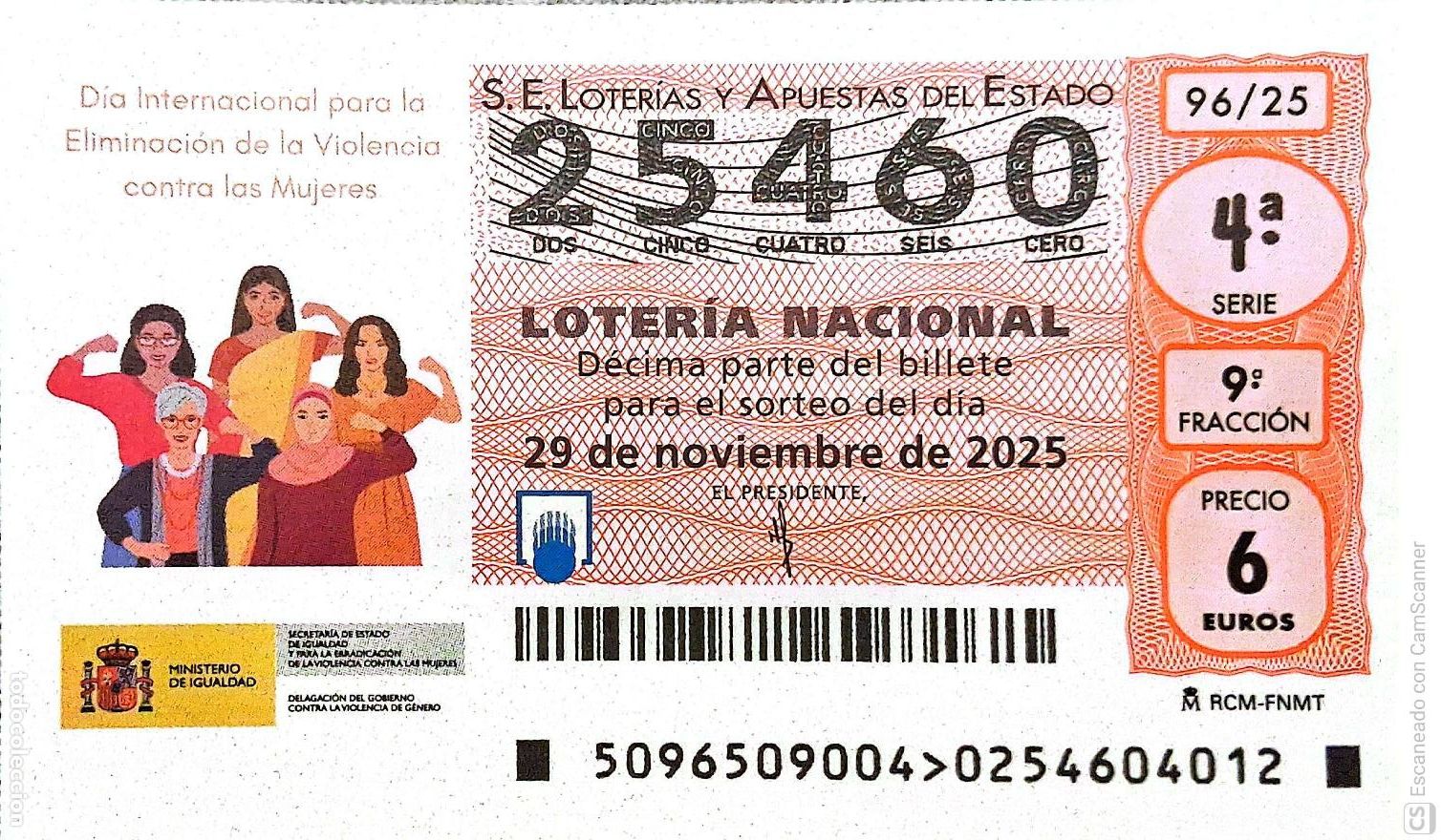 Loterie Nationale: Espa&ntilde;a. Loter&iacute;a. 2025. Sorteo: 96 D&iacute;a Internacional para la Eliminaci&oacute;n de la Violencia contra las