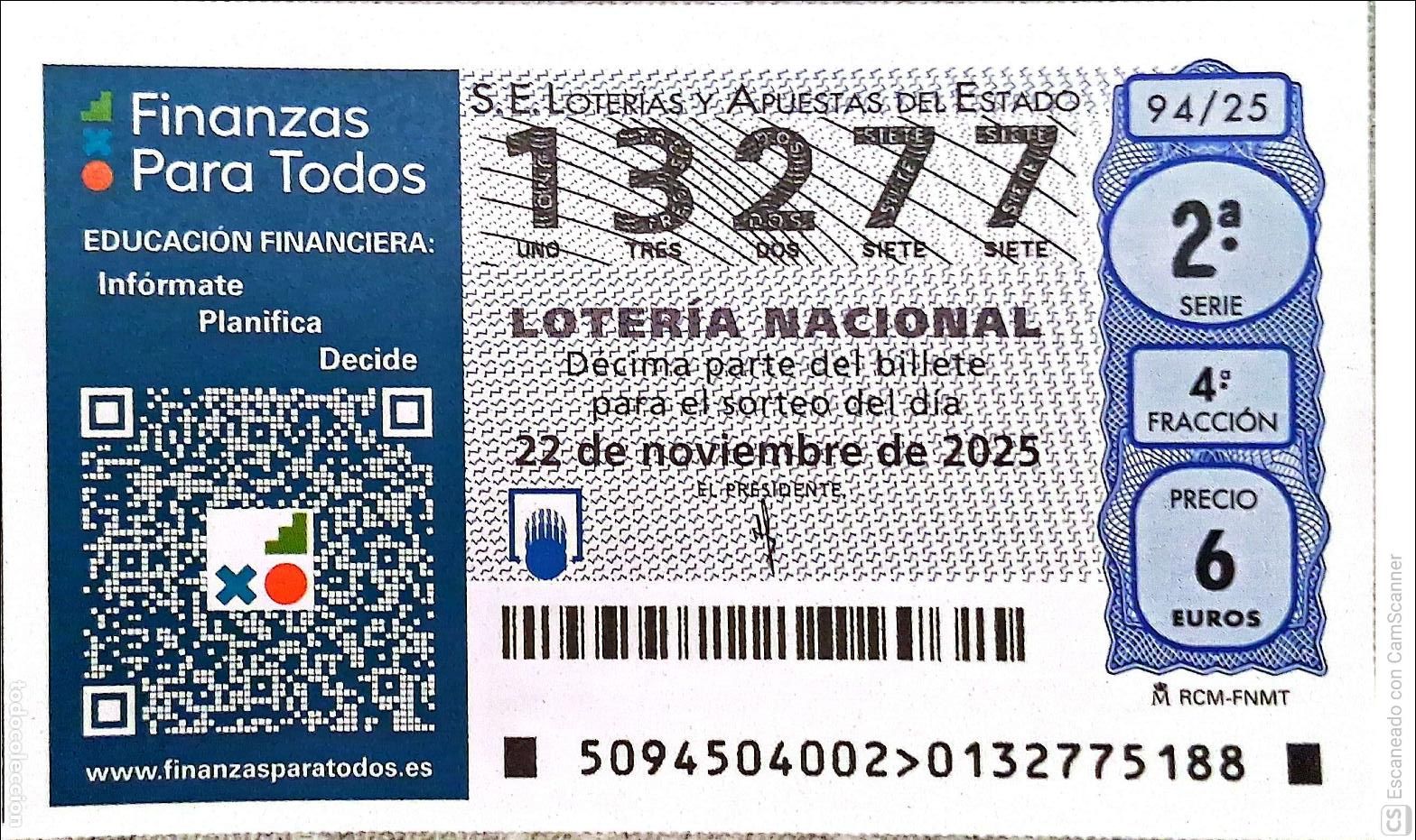 Loterie Nationale: Espa&ntilde;a. Loter&iacute;a. 2025. Sorteo: 94 Finanzas Para Todos. Educaci&oacute;n Financiera: Inf&oacute;rmate, Planifica,