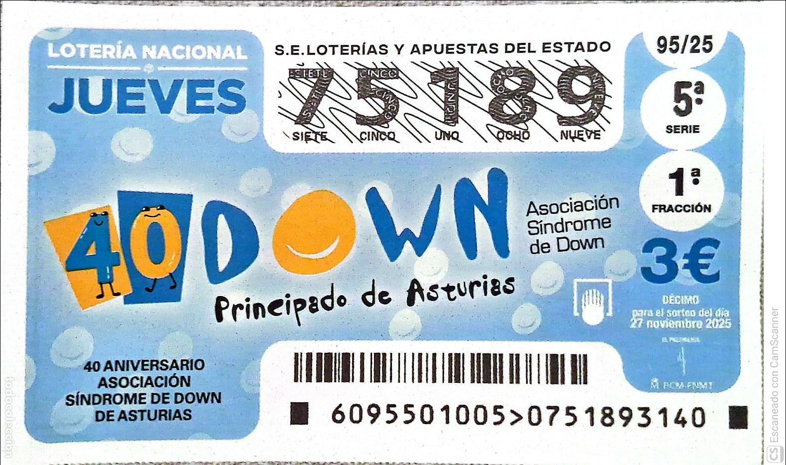 Loterie Nationale: Espa&ntilde;a. Loter&iacute;a. 2025. Sorteo: 95 40 Aniversario Asociaci&oacute;n S&iacute;ndrome de Down de Asturias. Fecha: 27