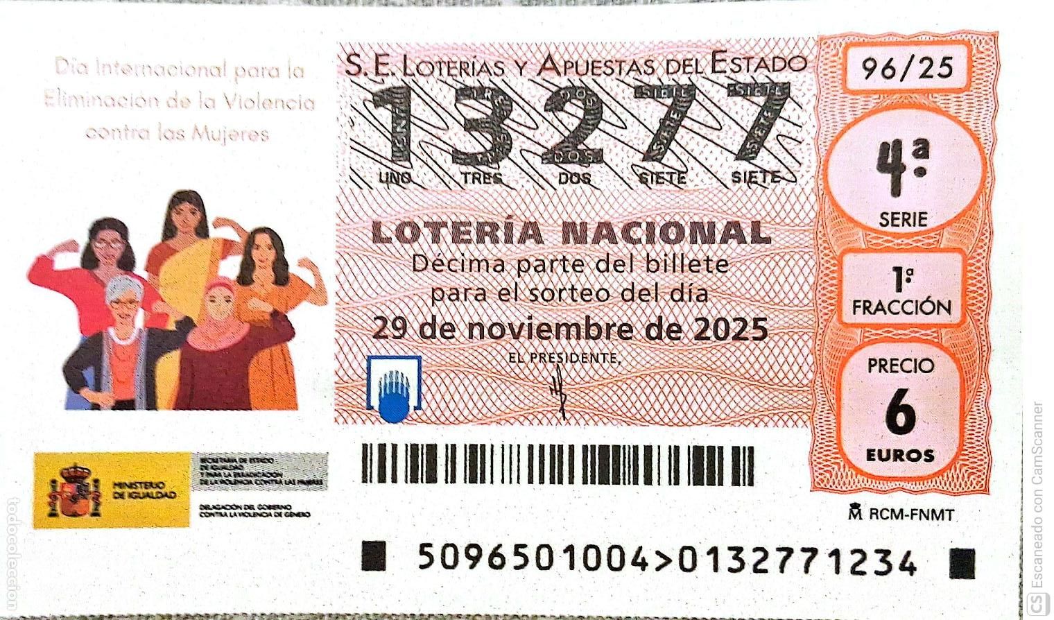 Loterie Nationale: Espa&ntilde;a. Loter&iacute;a. 2025. Sorteo: 96 D&iacute;a Internacional para la Eliminaci&oacute;n de la Violencia contra las