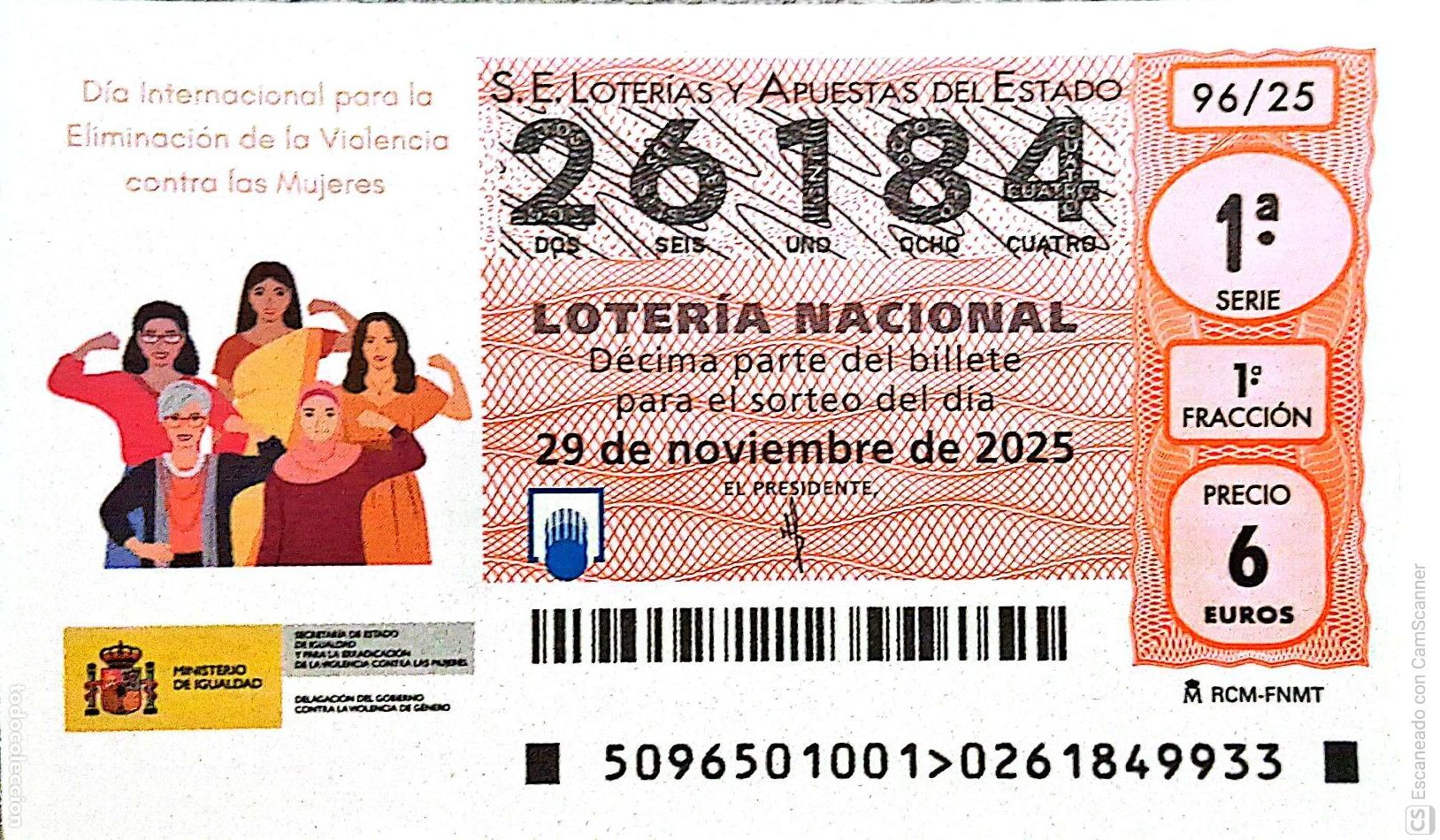 Loterie Nationale: Espa&ntilde;a. Loter&iacute;a. 2025. Sorteo: 96 D&iacute;a Internacional para la Eliminaci&oacute;n de la Violencia contra las