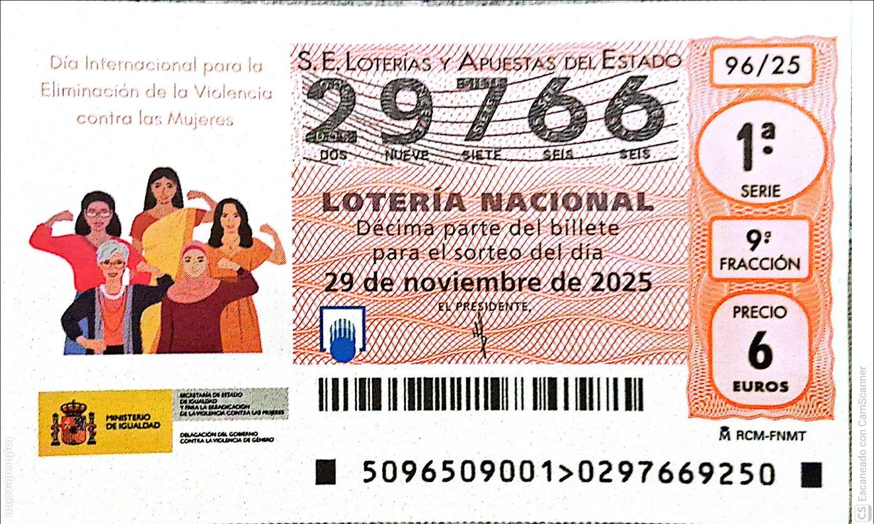 Loterie Nationale: Espa&ntilde;a. Loter&iacute;a. 2025. Sorteo: 96 D&iacute;a Internacional para la Eliminaci&oacute;n de la Violencia contra las