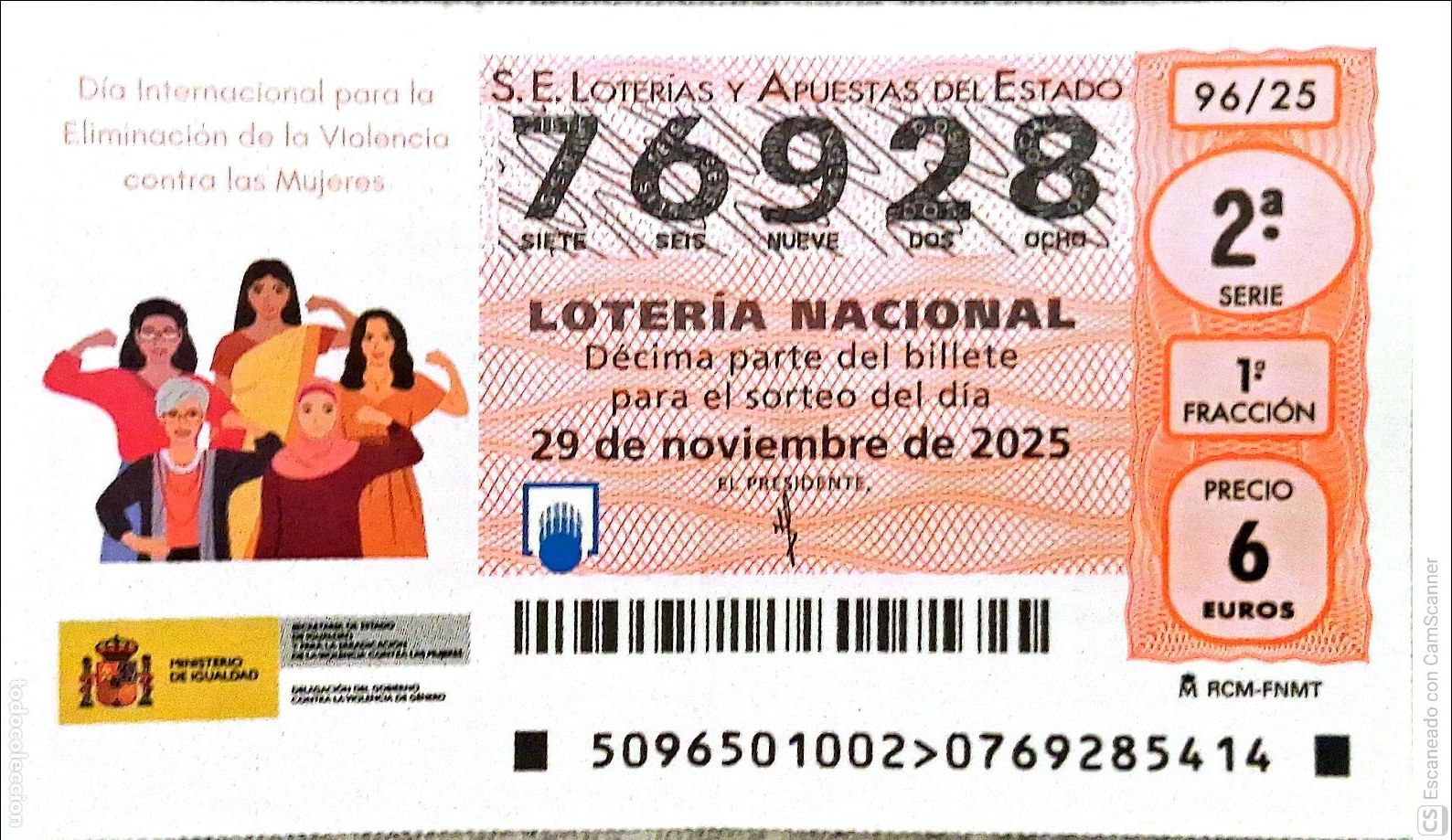 Loterie Nationale: Espa&ntilde;a. Loter&iacute;a. 2025. Sorteo: 96 D&iacute;a Internacional para la Eliminaci&oacute;n de la Violencia contra las