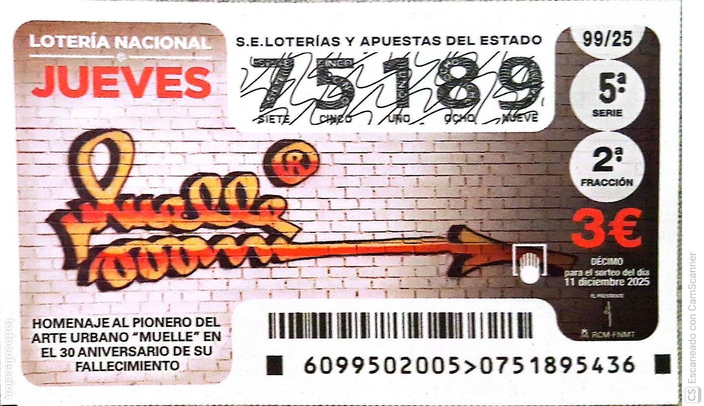 Loterie Nationale: Espa&ntilde;a. Loter&iacute;a. 2025. Sorteo: 99 Homenaje al Pionero del Arte Urbano Muelle en el 30 Aniversario d