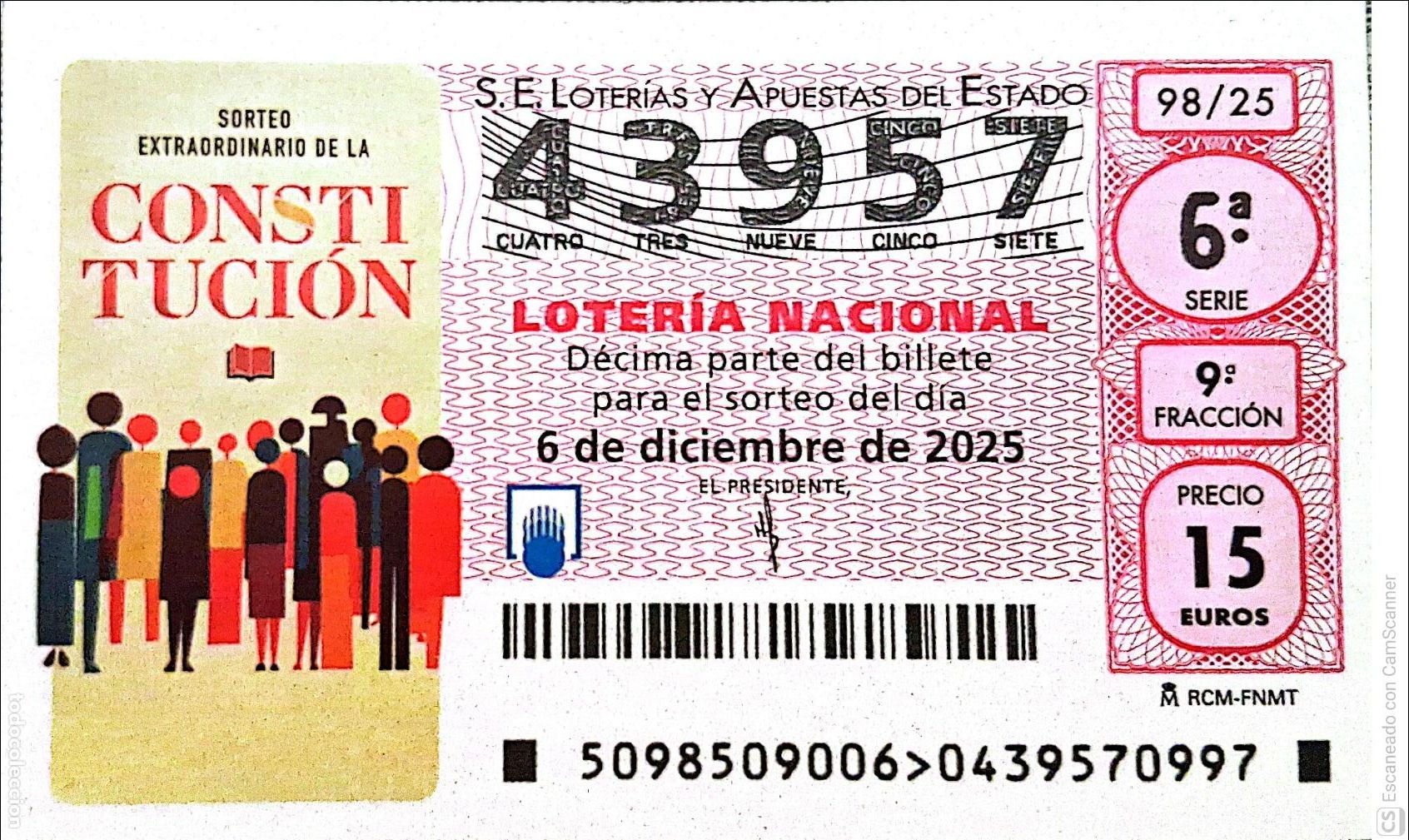 Loterie Nationale: Espa&ntilde;a. Loter&iacute;a. 2025. Sorteo: 98 Sorteo extraordinario de la Constituci&oacute;n. Fecha: 6 diciembre.