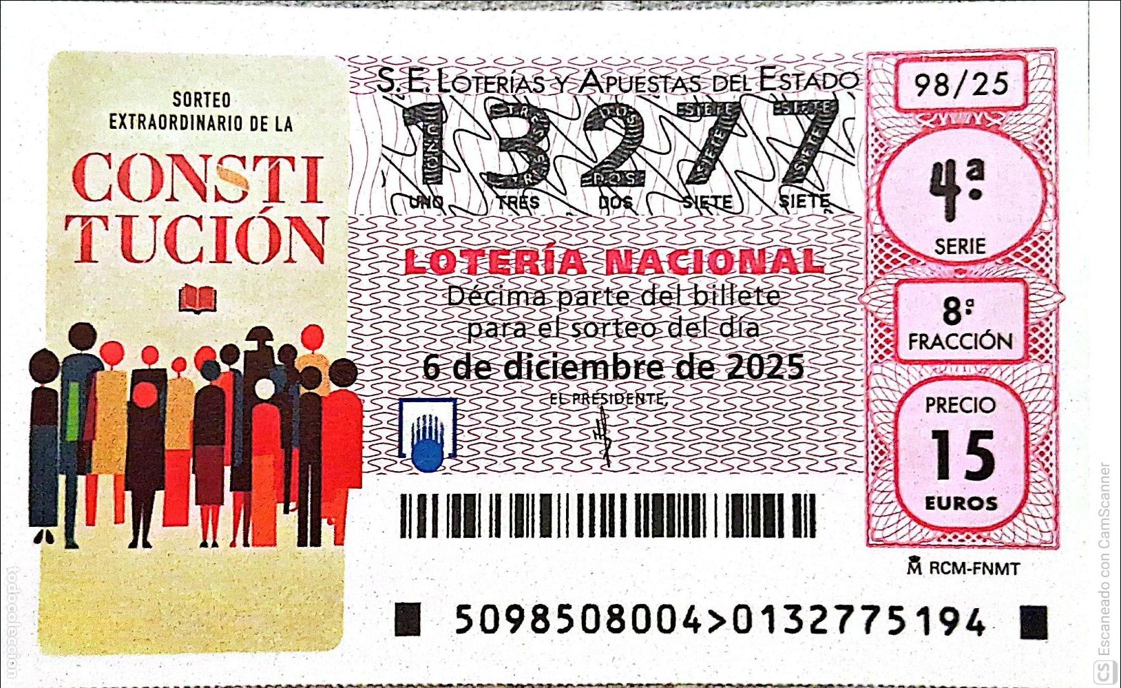 Loterie Nationale: Espa&ntilde;a. Loter&iacute;a. 2025. Sorteo: 98 Sorteo extraordinario de la Constituci&oacute;n. Fecha: 6 diciembre.