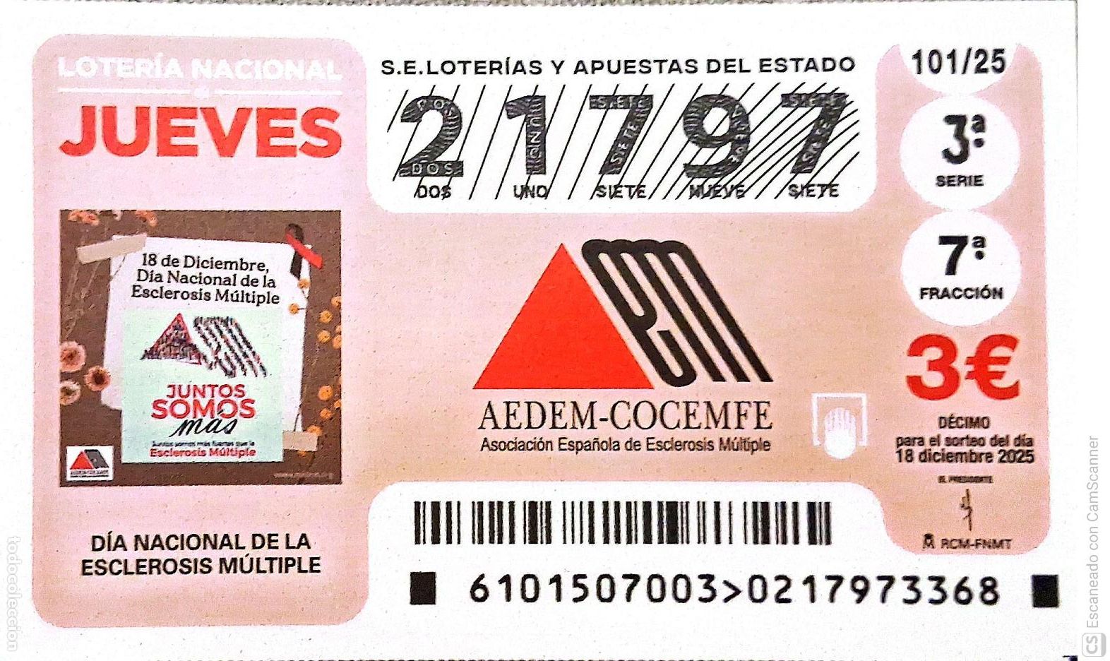Loterie Nationale: Espa&ntilde;a. Loter&iacute;a. 2025. Sorteo: 101 D&iacute;a Nacional de la Esclerosis M&uacute;ltiple. Fecha: 18 diciembre.