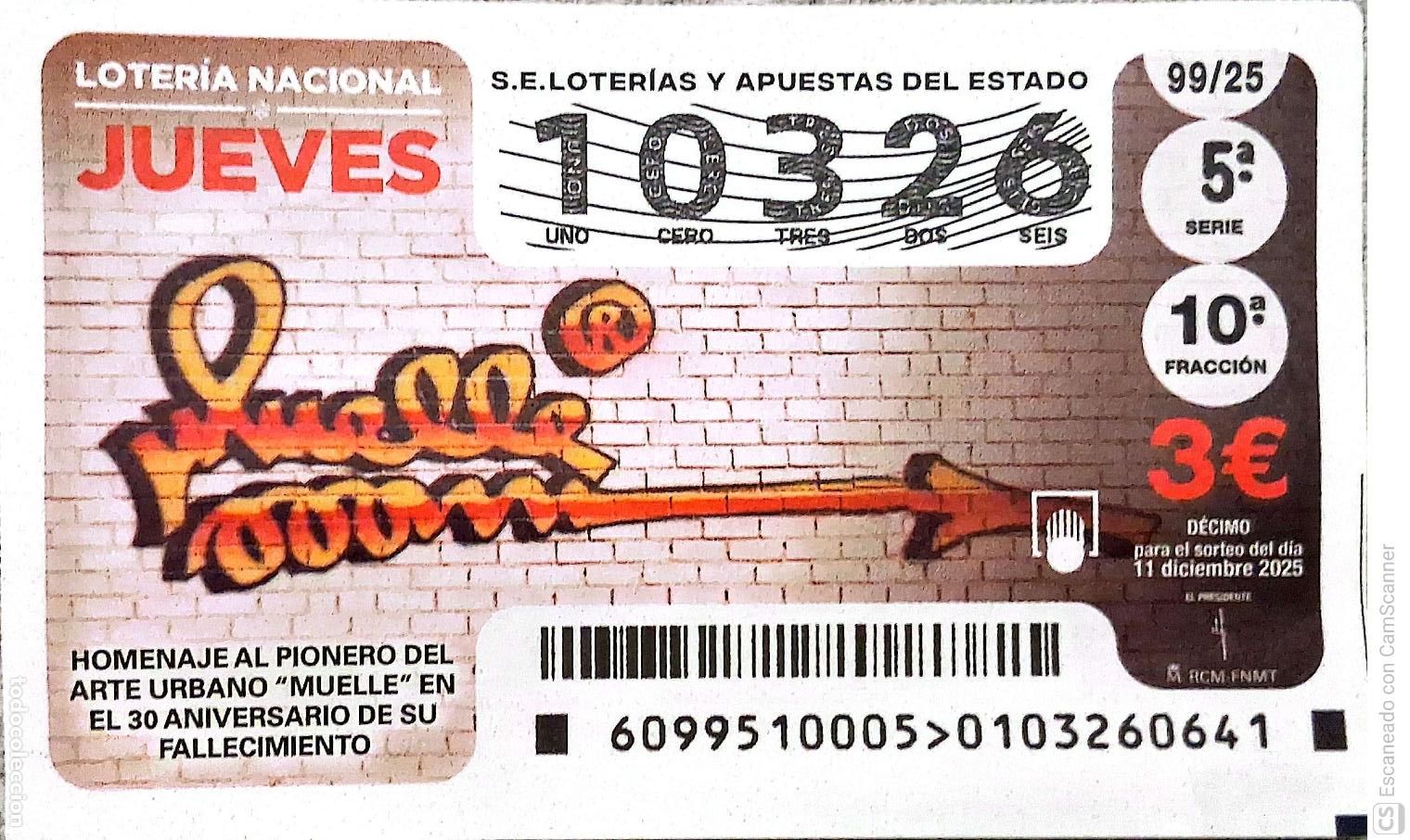 Loterie Nationale: Espa&ntilde;a. Loter&iacute;a. 2025. Sorteo: 99 Homenaje al Pionero del Arte Urbano Muelle en el 30 Aniversario d