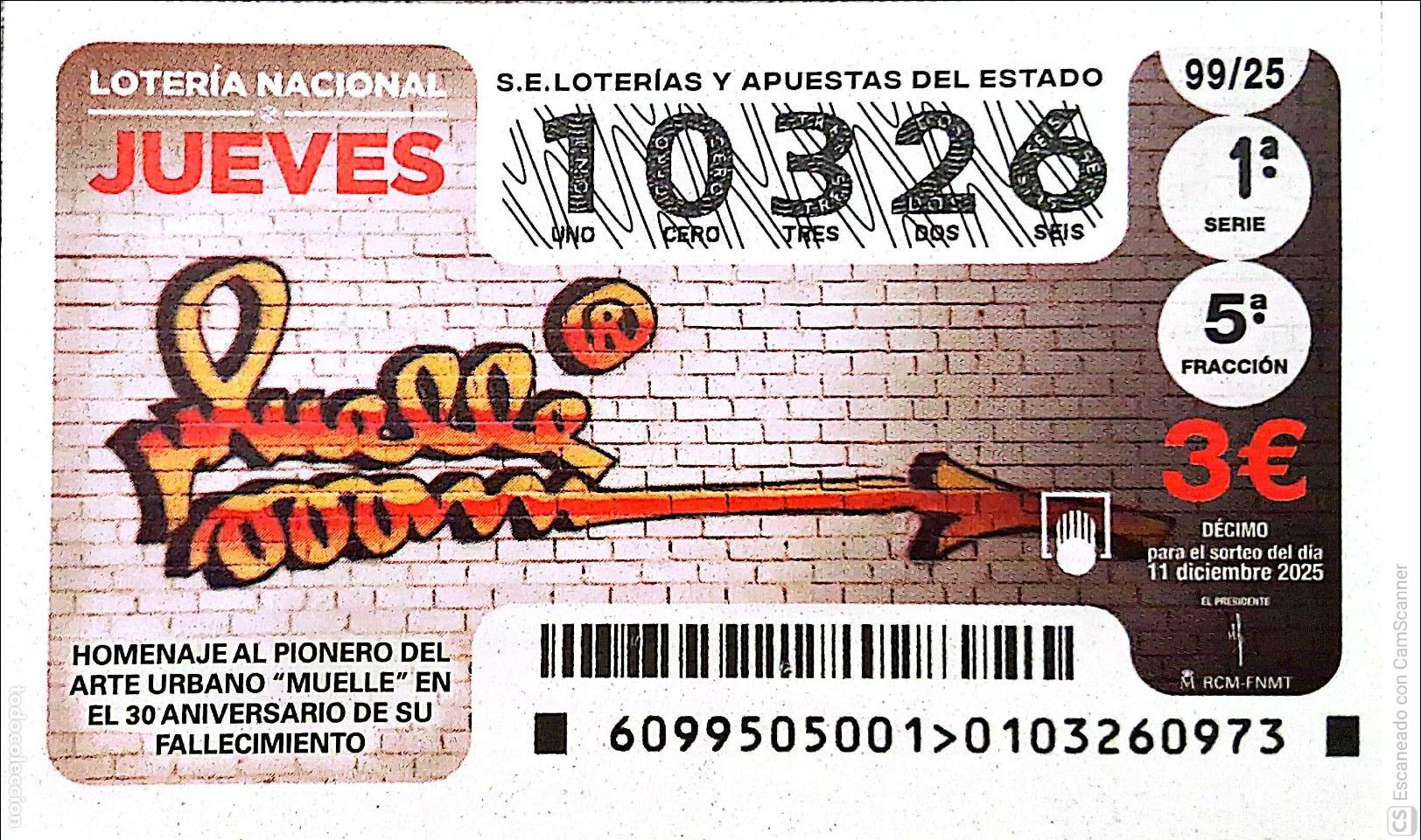 Loterie Nationale: Espa&ntilde;a. Loter&iacute;a. 2025. Sorteo: 99 Homenaje al Pionero del Arte Urbano Muelle en el 30 Aniversario d