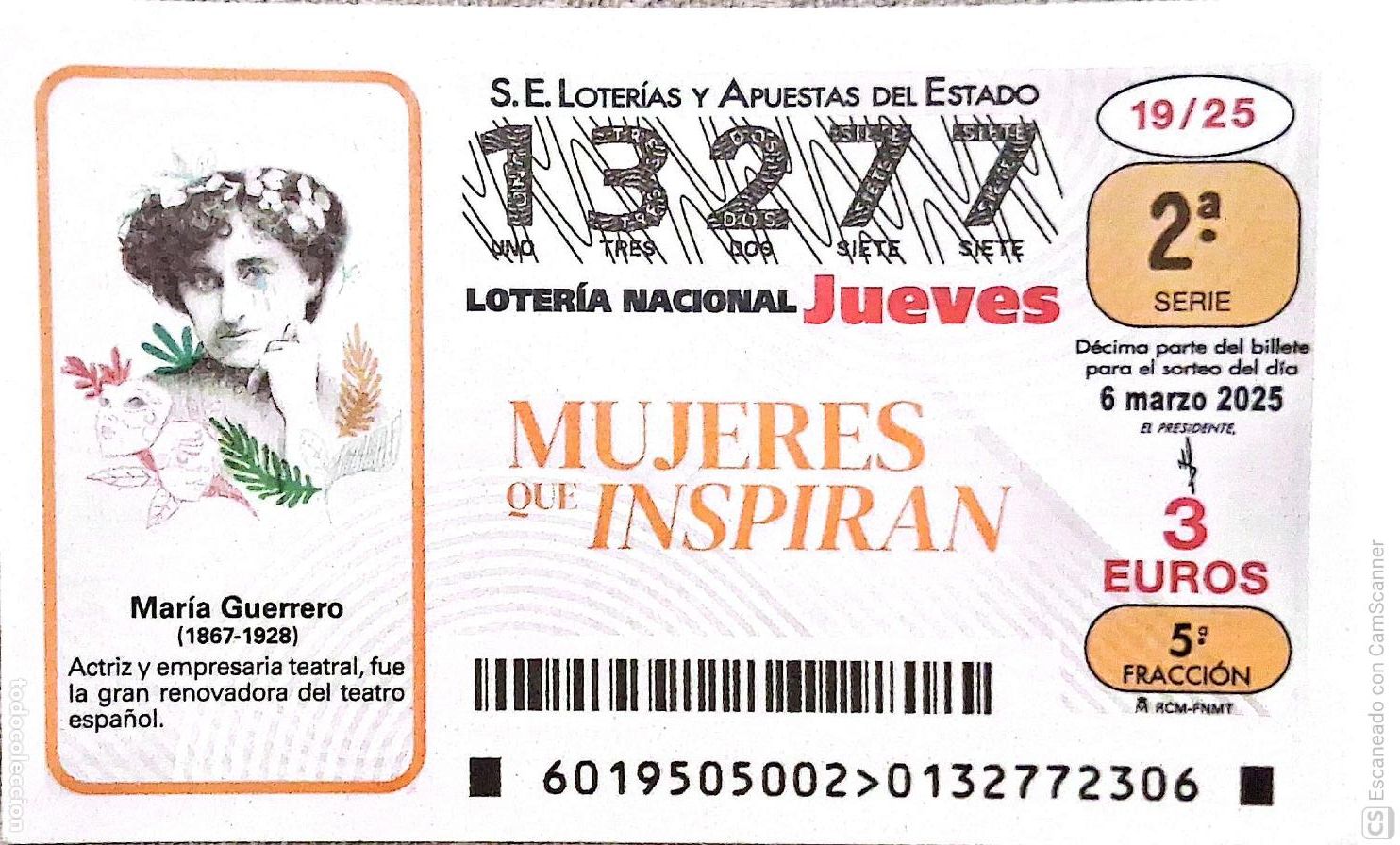 Loterie Nationale: Espa&ntilde;a. Loter&iacute;a. 2025. Sorteo: 19 Mujeres que Inspiran: Mar&iacute;a Guerrero. Fecha: 6 marzo.