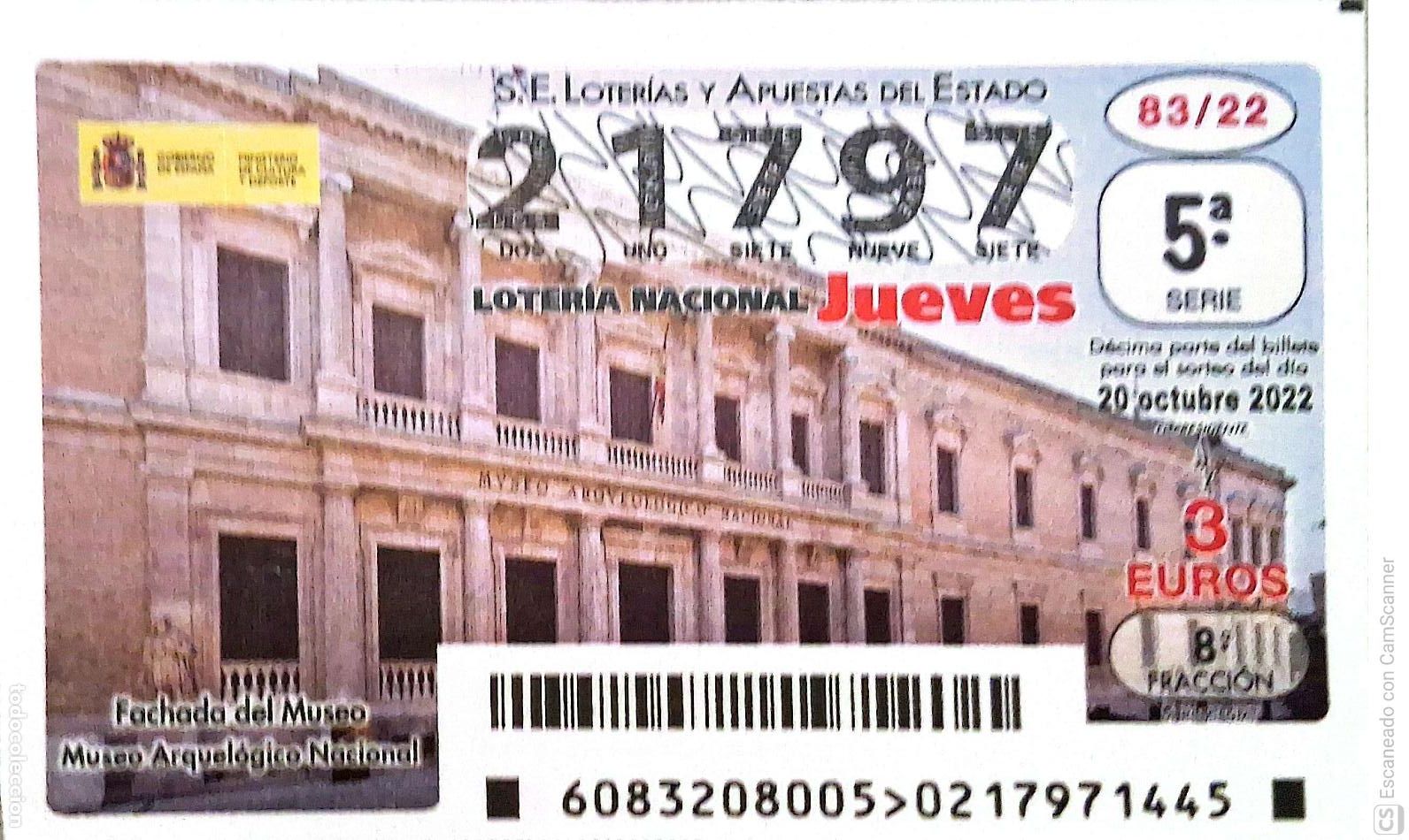 Loterie Nationale: Espa&ntilde;a. Loter&iacute;a. 2022. Sorteo: 83 Fachada del museo. Museo Arquel&oacute;gico Nacional. Fecha: 20 octubre.