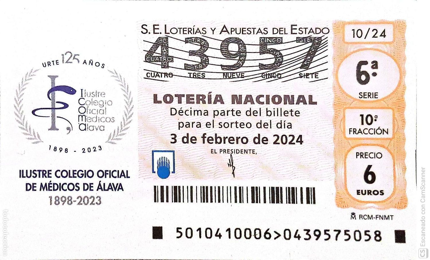 Loterie Nationale: Espa&ntilde;a. Loter&iacute;a. 2024. Sorteo: 10 Ilustre Colegio Oficial de M&eacute;dicos de &Aacute;lava 1898/2023. Fecha: 3 f