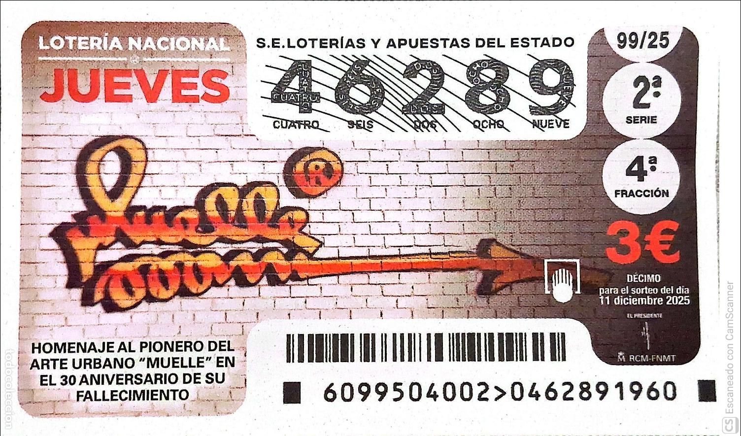 Loterie Nationale: Espa&ntilde;a. Loter&iacute;a. 2025. Sorteo: 99 Homenaje al Pionero del Arte Urbano Muelle en el 30 Aniversario d