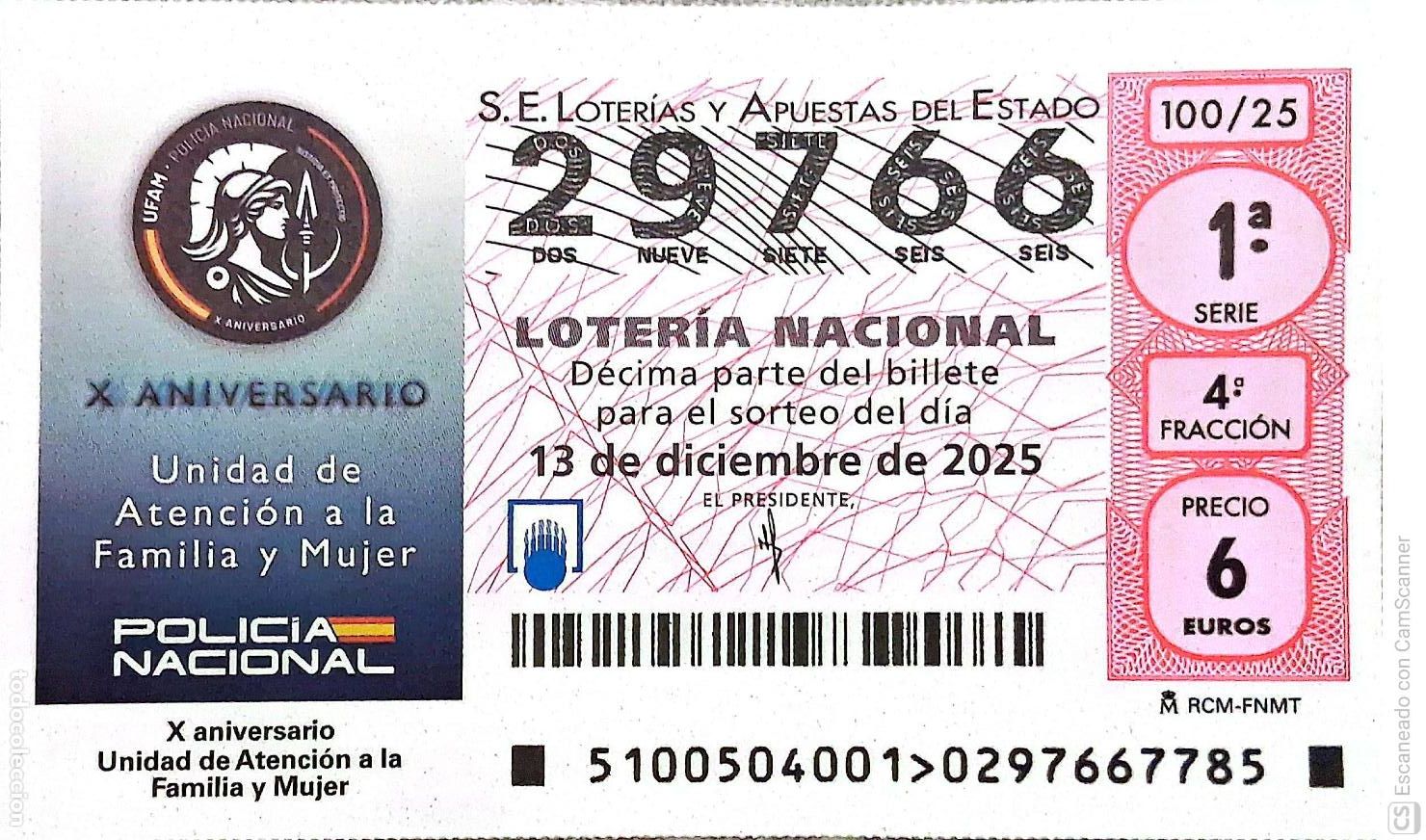 Loterie Nationale: Espa&ntilde;a. Loter&iacute;a. 2025. Sorteo: 100 X Aniversario Unidad de Atenci&oacute;n a la Familia y Mujer. Fecha: 13